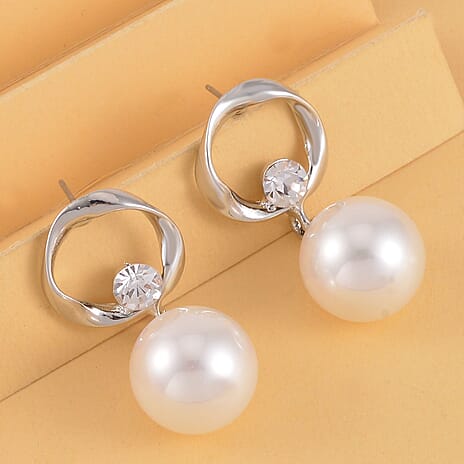 White Shell Pearl & White Austrian Crystal Dangle Earrings with Push Back in Silver Tone