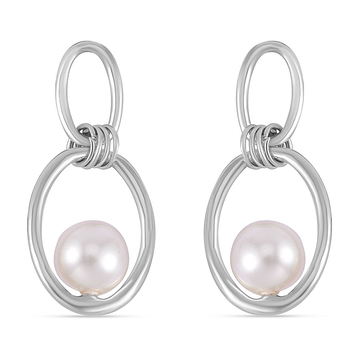 White Shell Pearl Dangle Earrings in Silver Tone