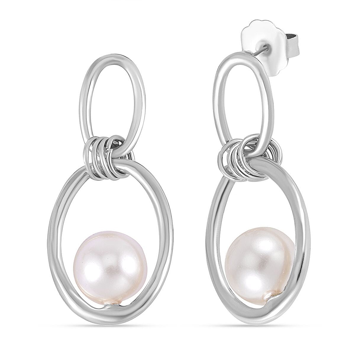 White Shell Pearl Dangle Earrings in Silver Tone