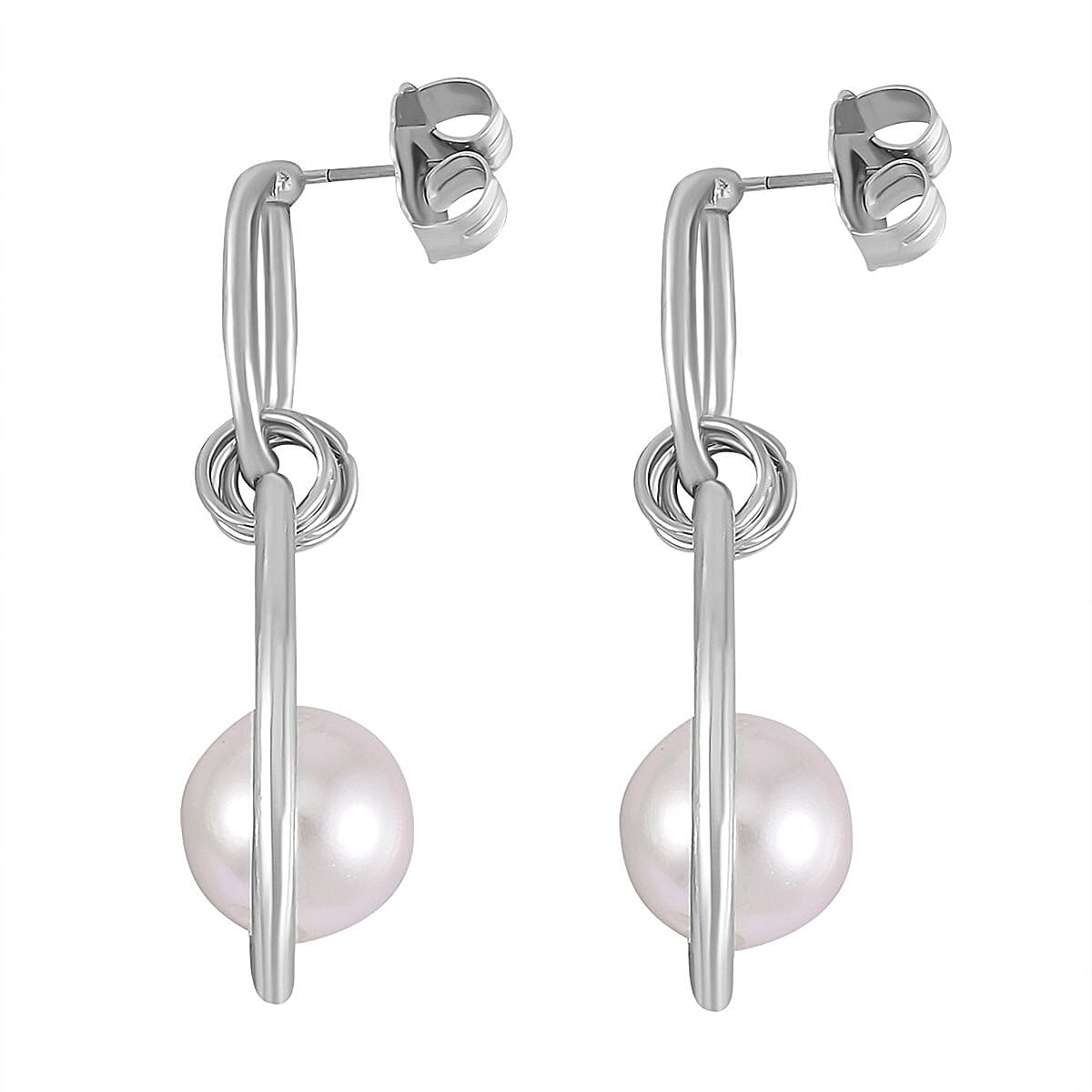 White Shell Pearl Dangle Earrings in Silver Tone