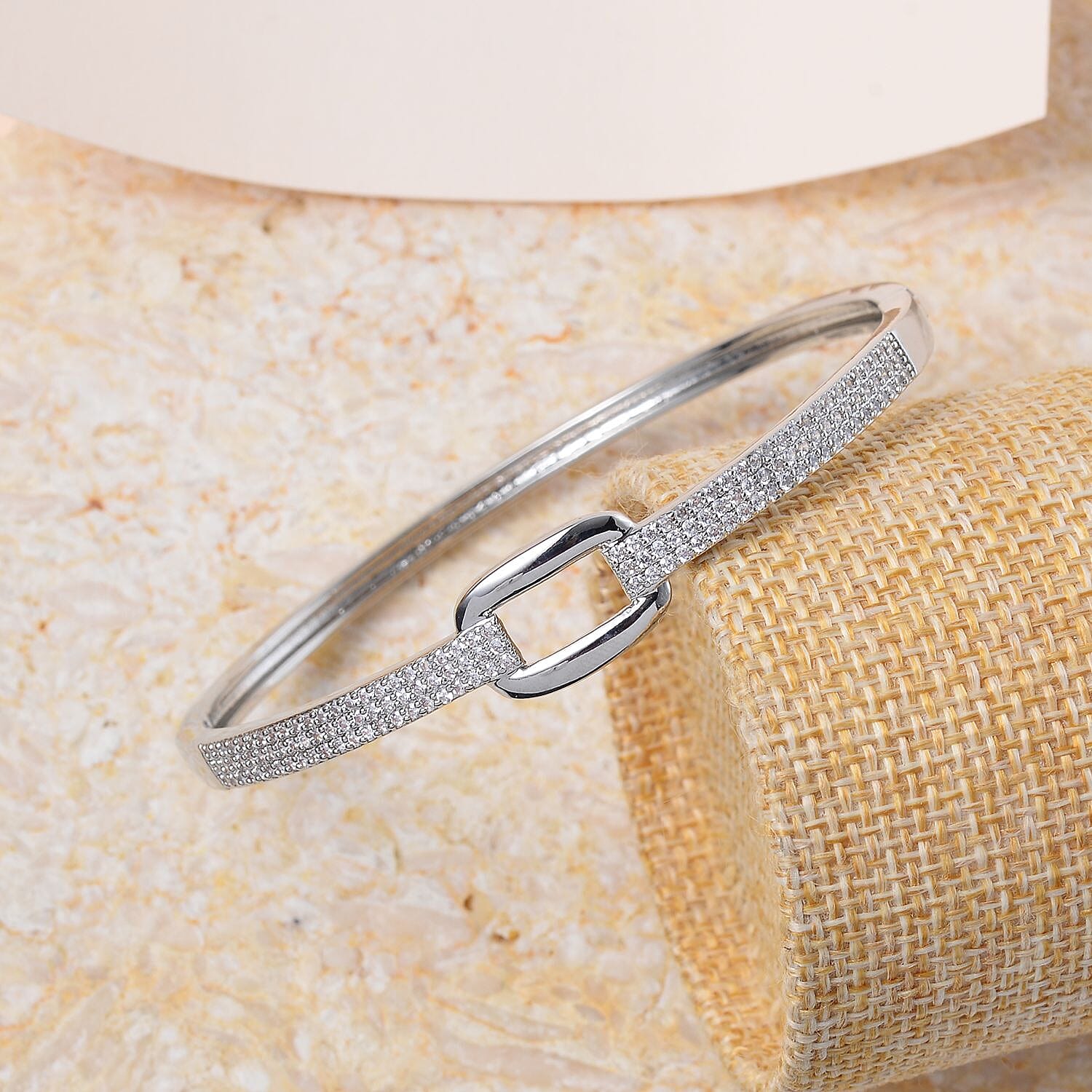 Desiner Inspired- Cubic Zirconia Bangle (Size - 7. 5) in Silver Tone