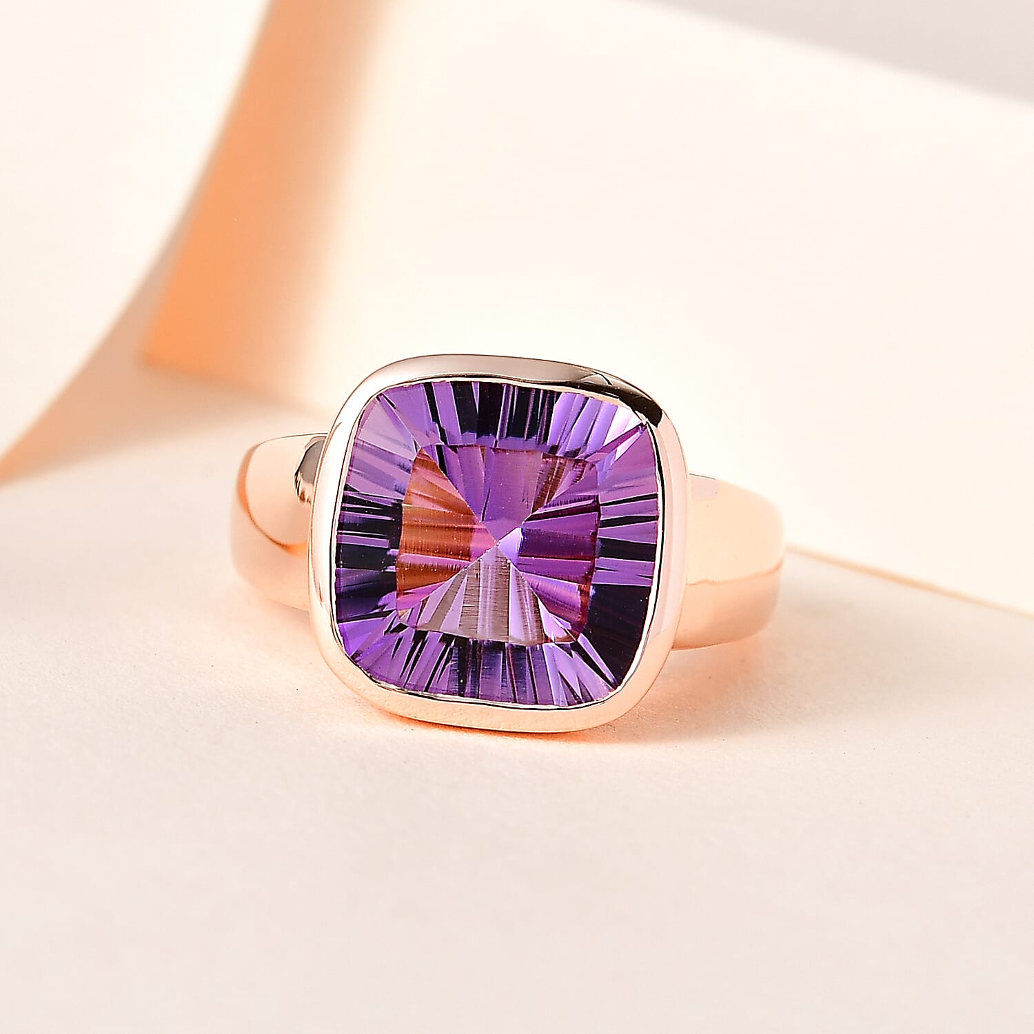 Ultimate Concave Rose De France Amethyst Solitaire Ring in Rose Gold Vermeil Plated Sterling Silver 7.17 Ct, Silver Wt 6.58 GM