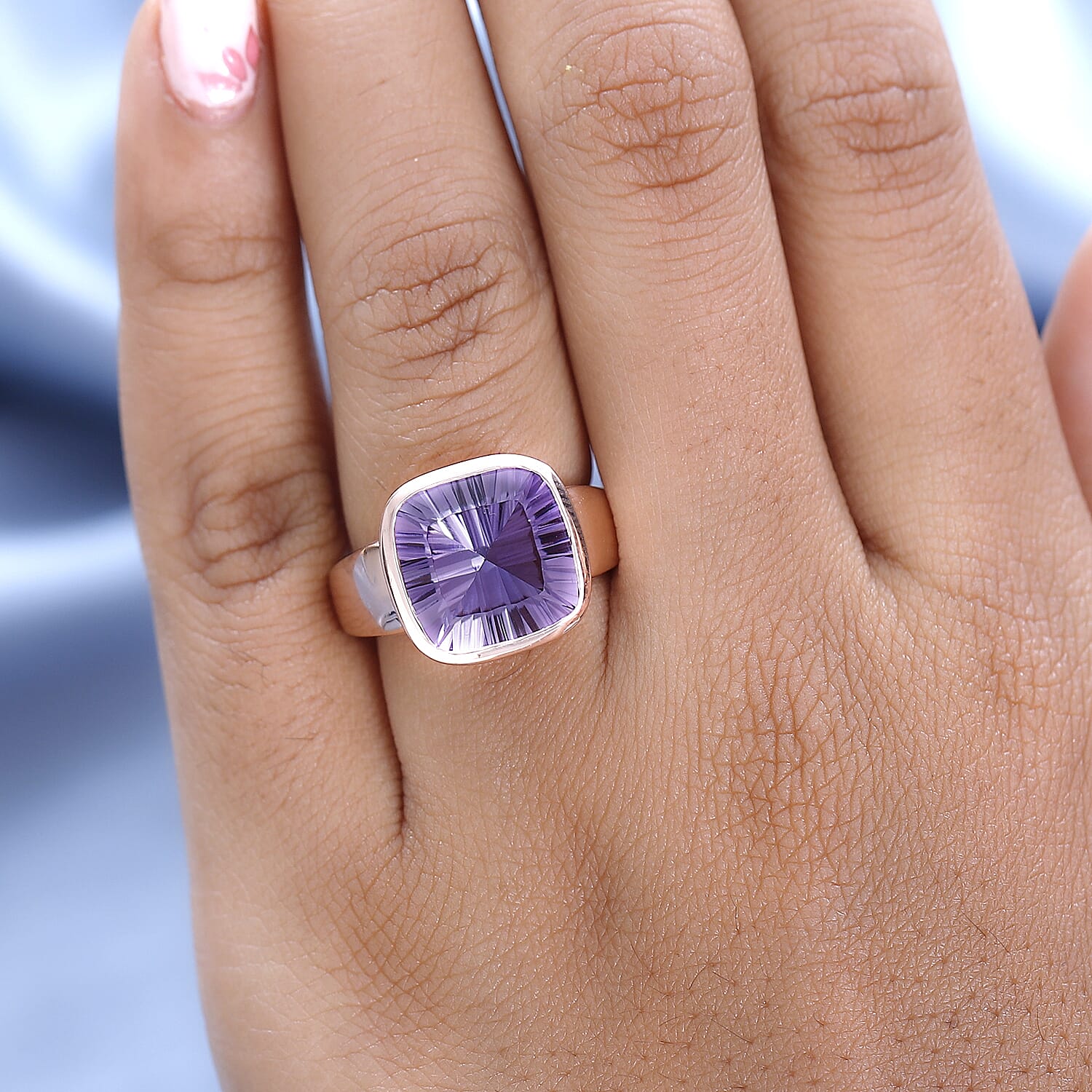 Ultimate Concave Rose De France Amethyst Solitaire Ring in Rose Gold Vermeil Plated Sterling Silver 7.17 Ct, Silver Wt 6.58 GM