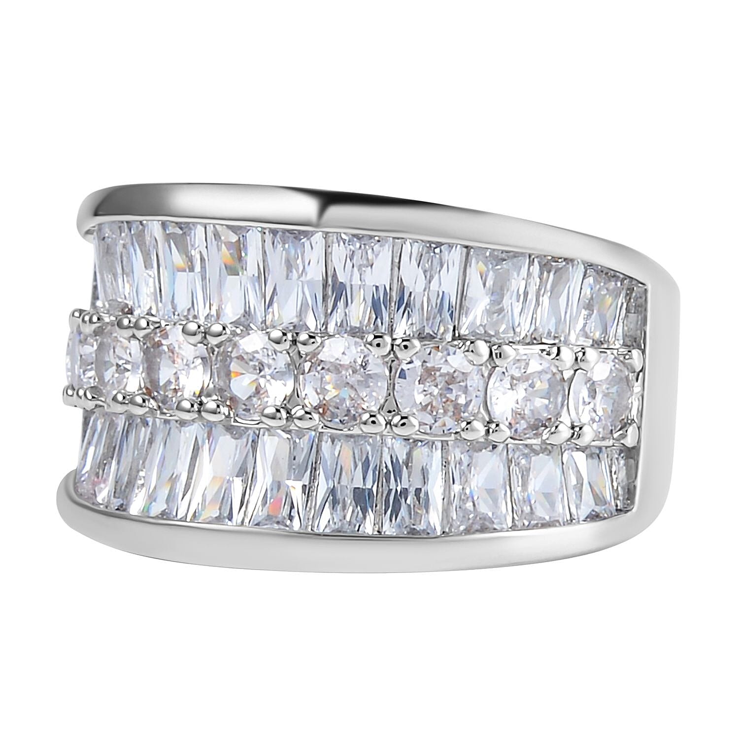 Cubic Zirconia 3 Row Half Eternity Ring in Silver Tone