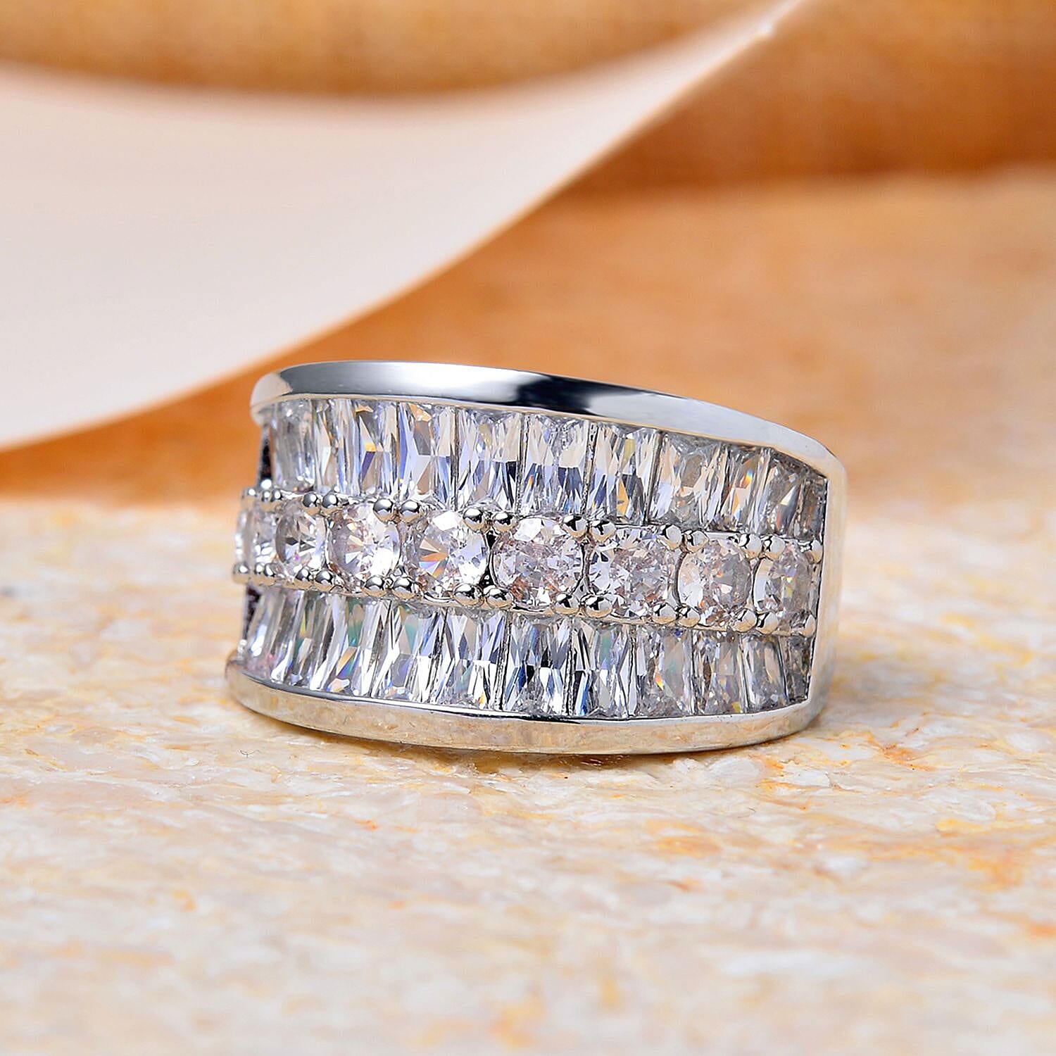 Cubic Zirconia 3 Row Half Eternity Ring in Silver Tone