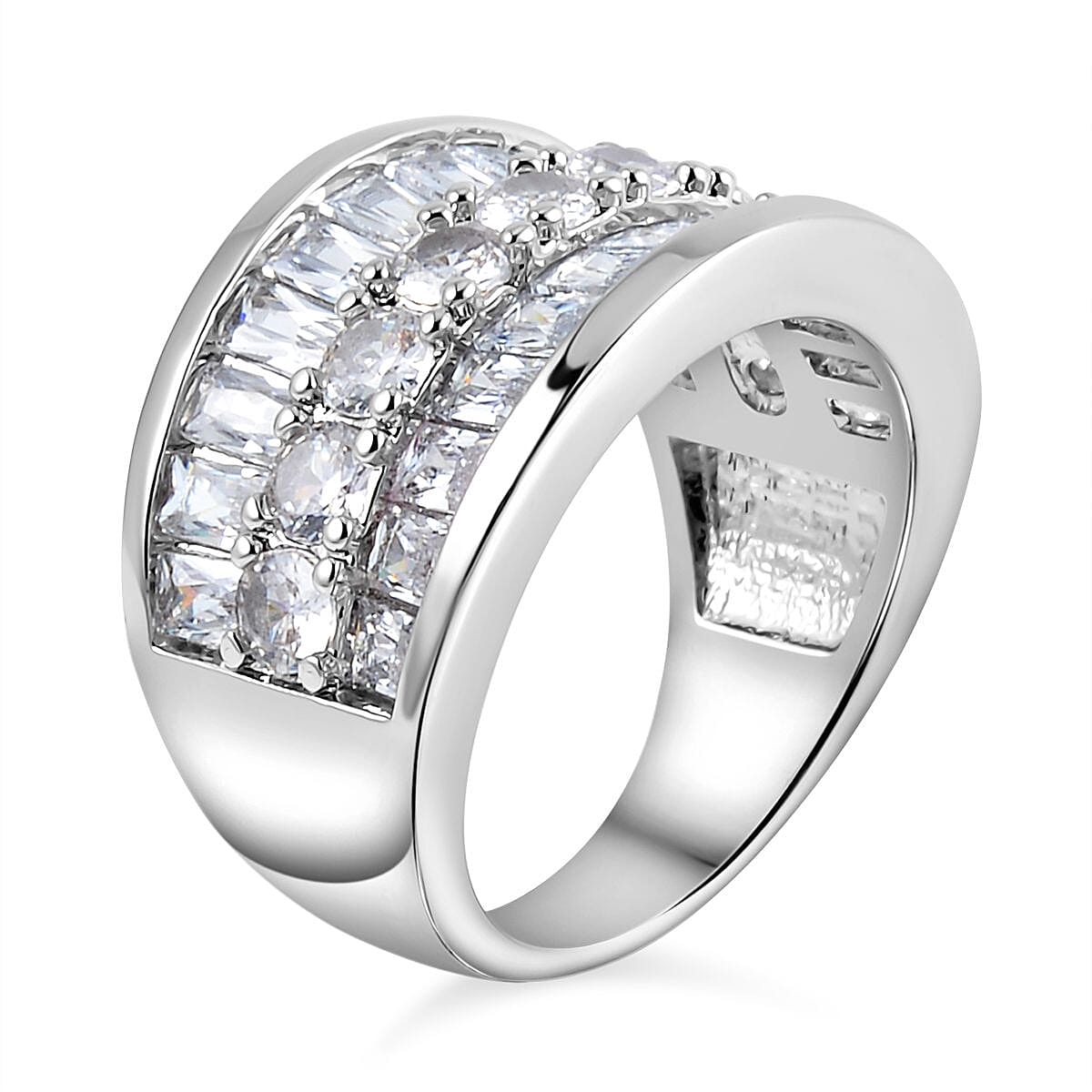 Cubic Zirconia 3 Row Half Eternity Ring in Silver Tone