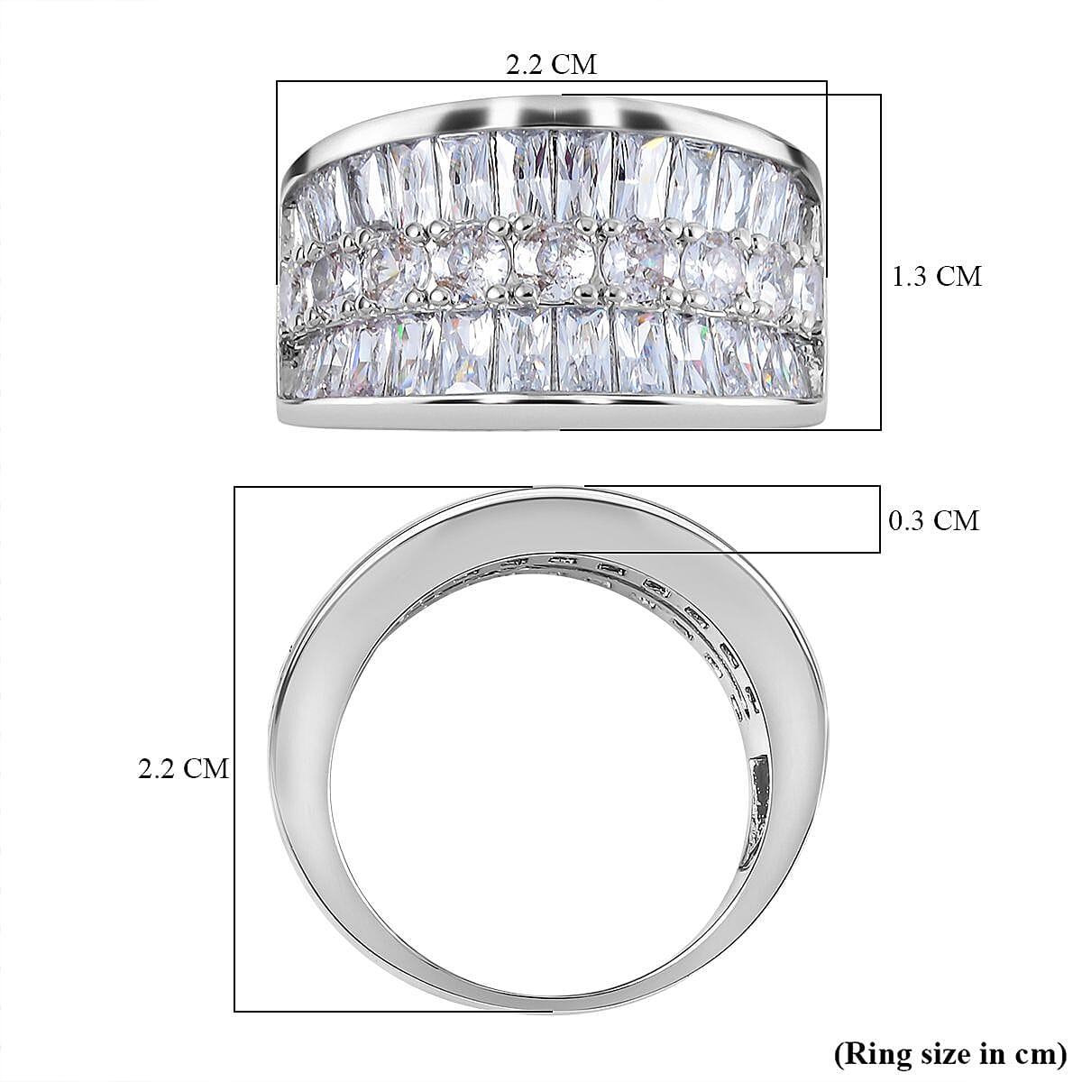 Cubic Zirconia 3 Row Half Eternity Ring in Silver Tone