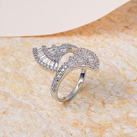 One Time Close Out Deal- Cubic Zirconia Adjustable Bypass Ring in Silver Tone