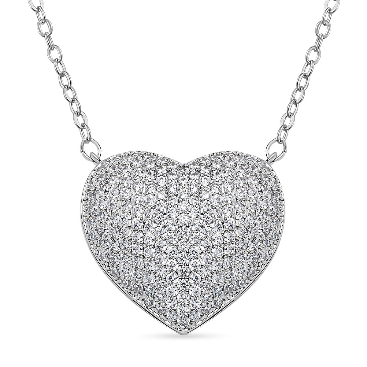Cubic Zirconia Heart Necklace (Size - 20) in Silver Tone
