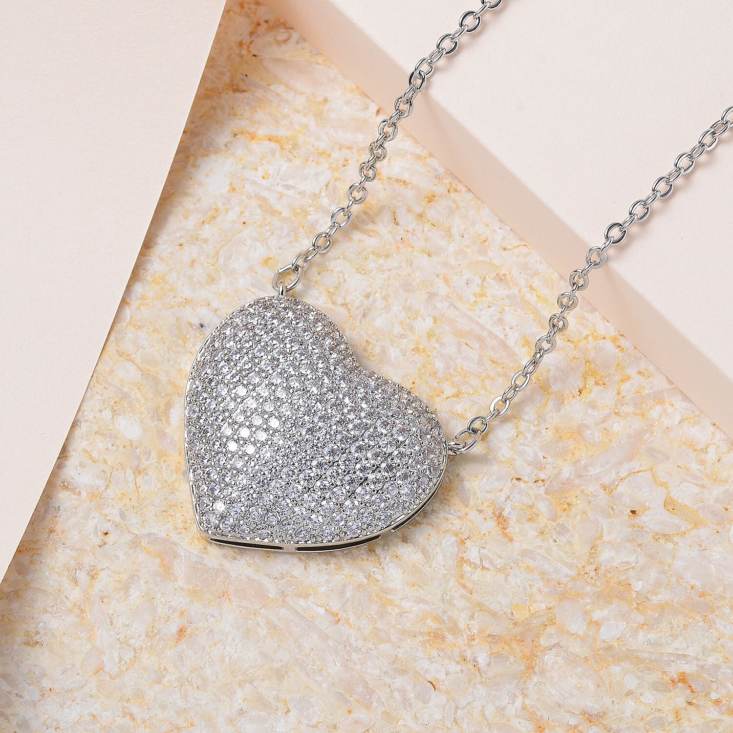 Cubic Zirconia Heart Necklace (Size - 20) in Silver Tone