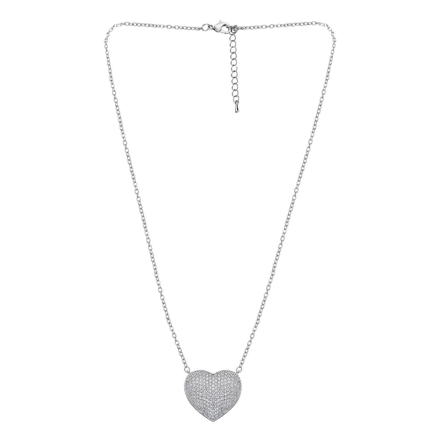 Cubic Zirconia Heart Necklace (Size - 20) in Silver Tone