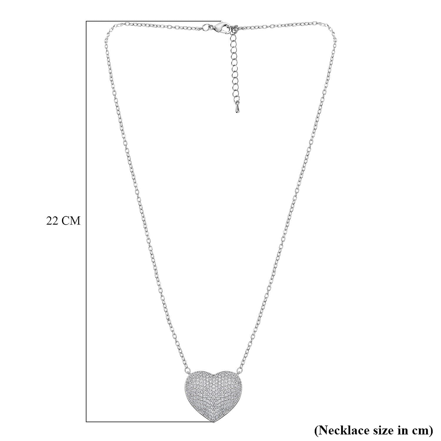 Cubic Zirconia Heart Necklace (Size - 20) in Silver Tone