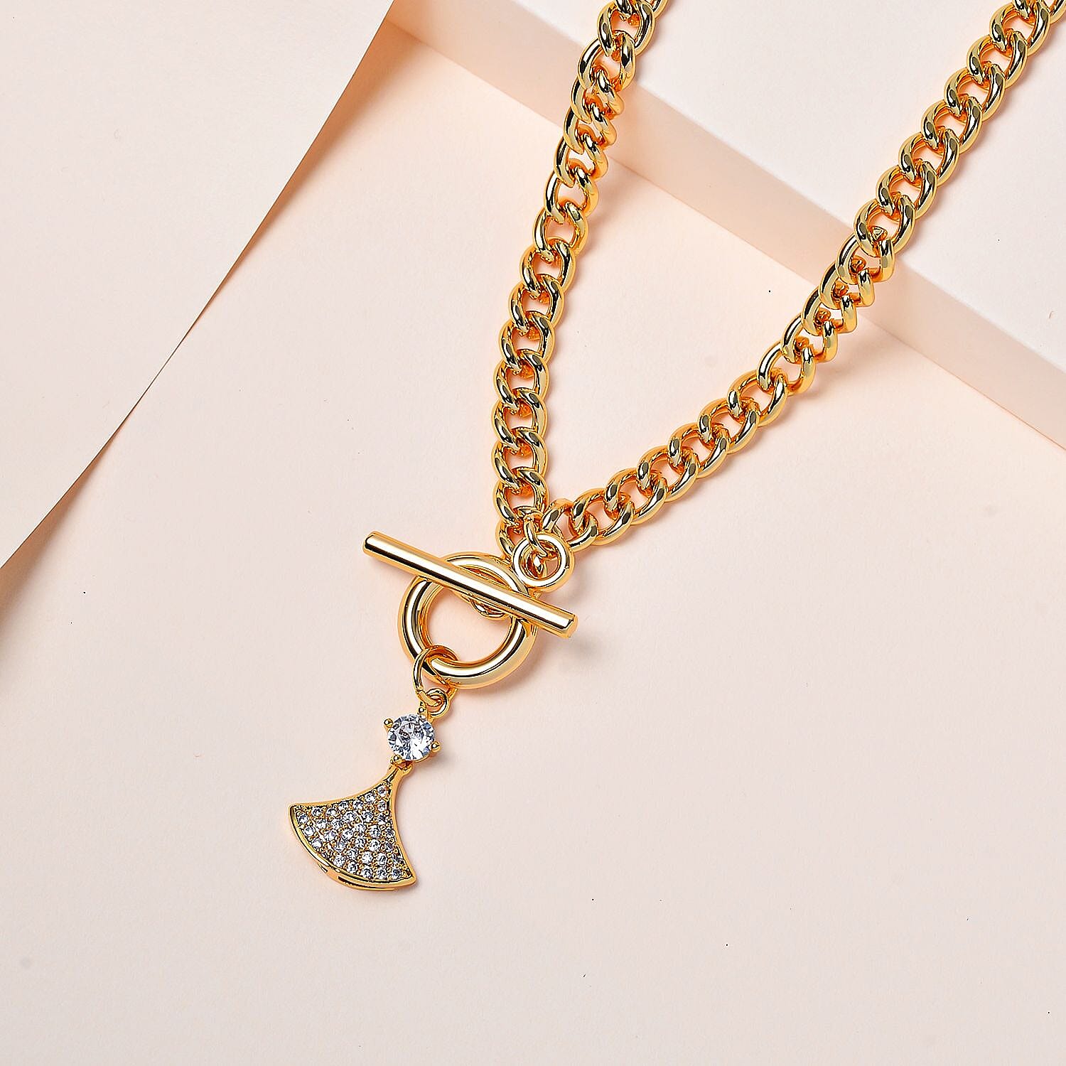 Cubic Zirconia Triangle Necklace (Size - 20) with T-Bar Clasp in Yellow Gold Tone