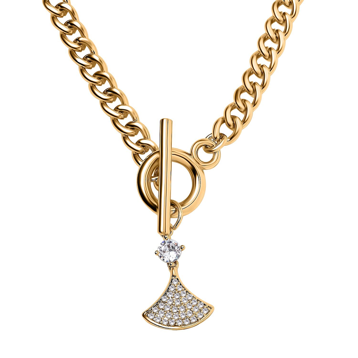 Cubic Zirconia Triangle Necklace (Size - 20) with T-Bar Clasp in Yellow Gold Tone