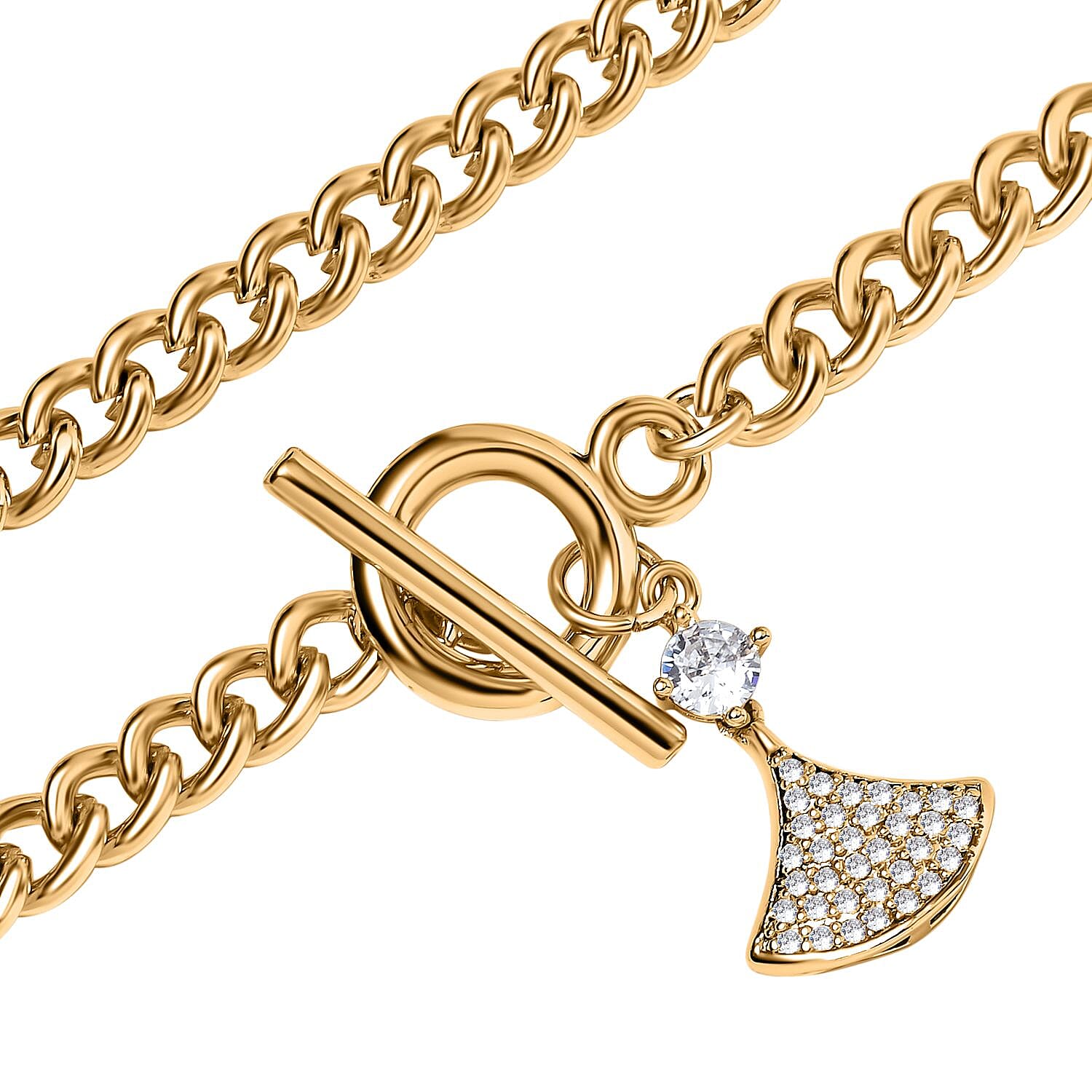 Cubic Zirconia Triangle Necklace (Size - 20) with T-Bar Clasp in Yellow Gold Tone