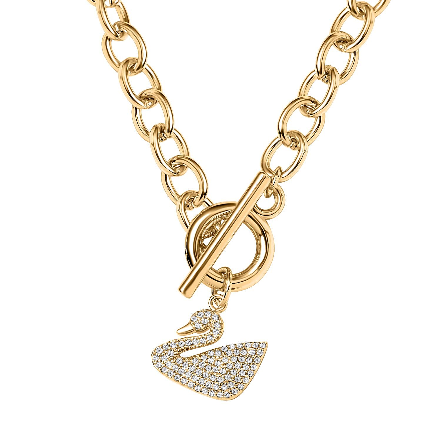 White Cubic Zirconia Cable Chain Duck Necklace (Size - 20) with T-Bar Clasp in Yellow Gold Tone