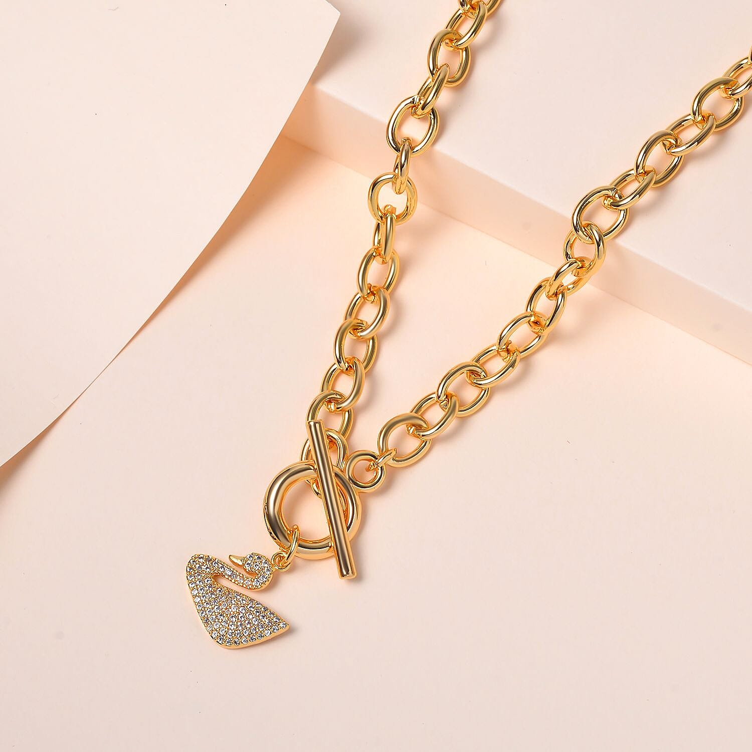 White Cubic Zirconia Cable Chain Duck Necklace (Size - 20) with T-Bar Clasp in Yellow Gold Tone