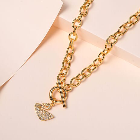 White Cubic Zirconia Cable Chain Duck Necklace (Size - 20) with T-Bar Clasp in Yellow Gold Tone
