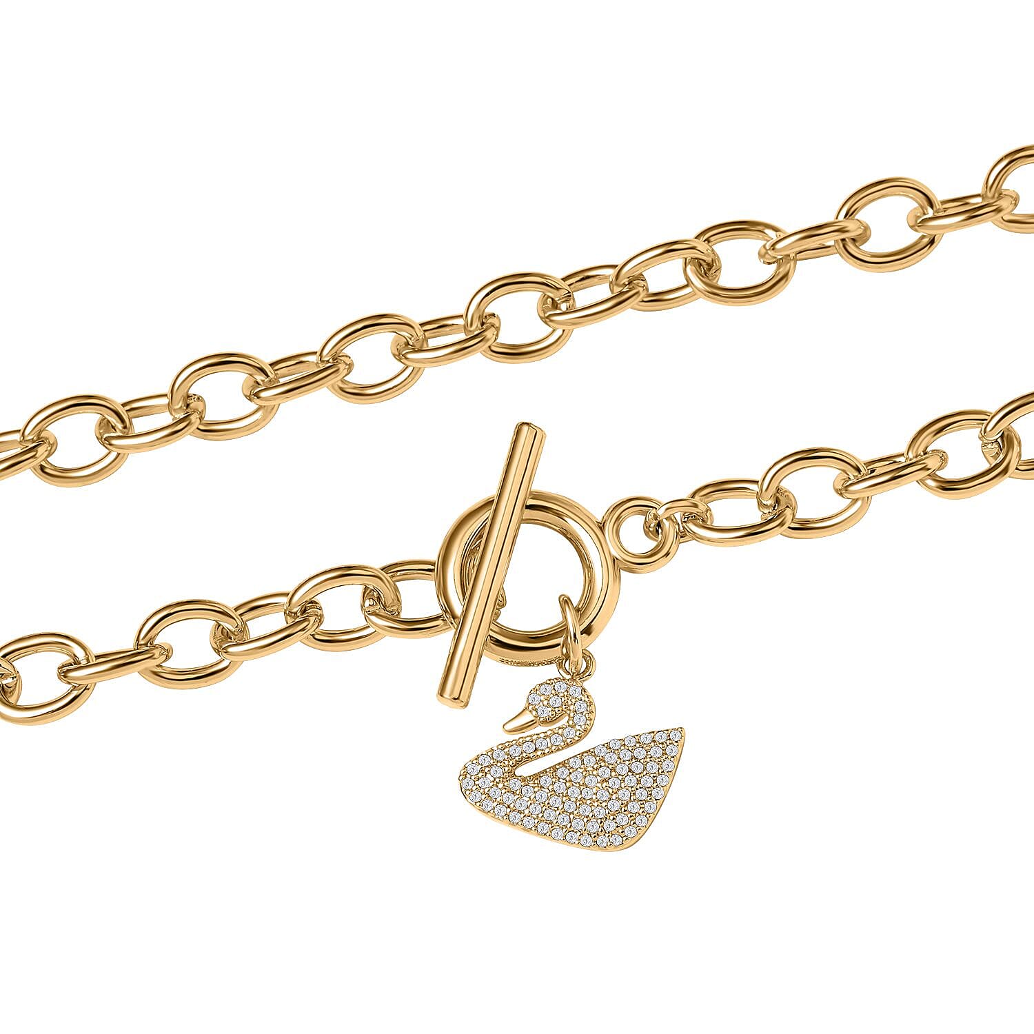 White Cubic Zirconia Cable Chain Duck Necklace (Size - 20) with T-Bar Clasp in Yellow Gold Tone