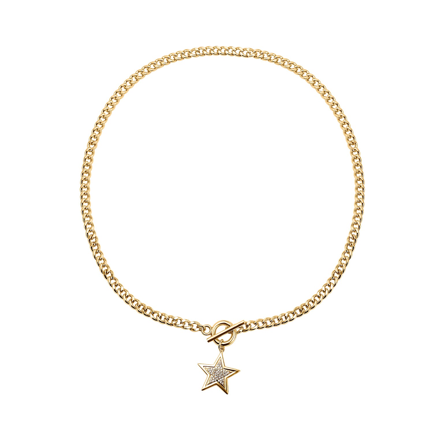 Cubic Zirconia Star Curb Link Necklace (Size - 20) with T-Bar Clasp in Yellow Gold Tone