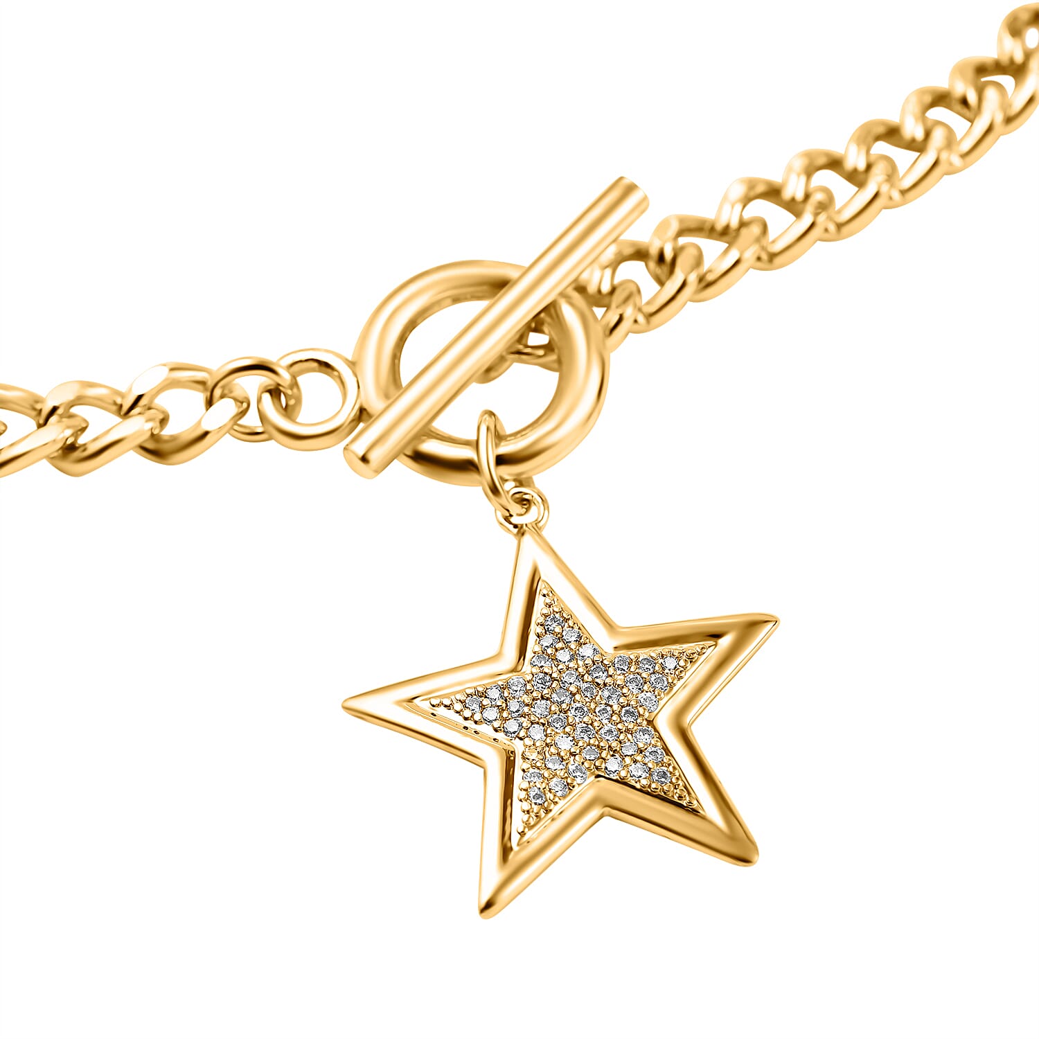 Cubic Zirconia Star Curb Link Necklace (Size - 20) with T-Bar Clasp in Yellow Gold Tone