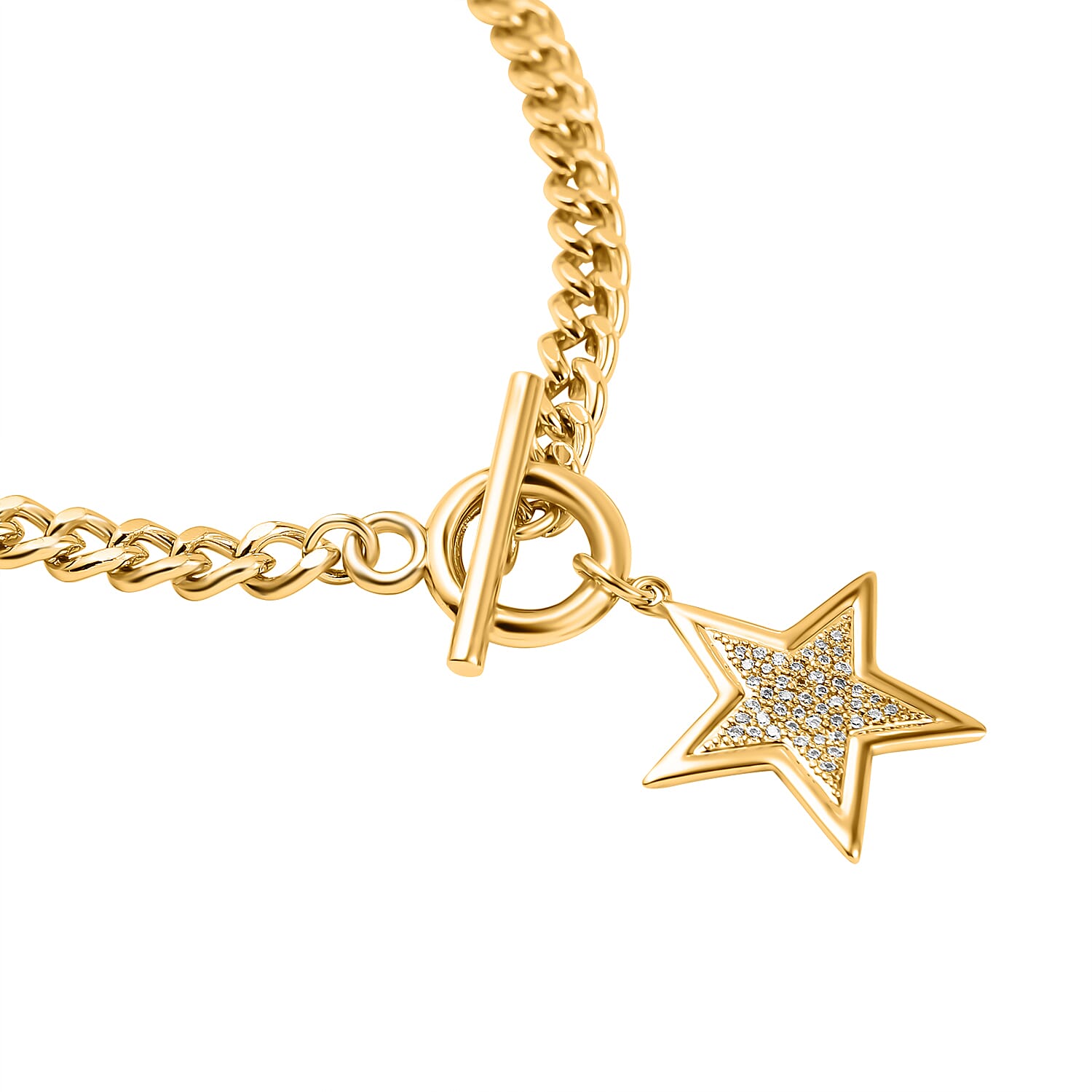 Cubic Zirconia Star Curb Link Necklace (Size - 20) with T-Bar Clasp in Yellow Gold Tone