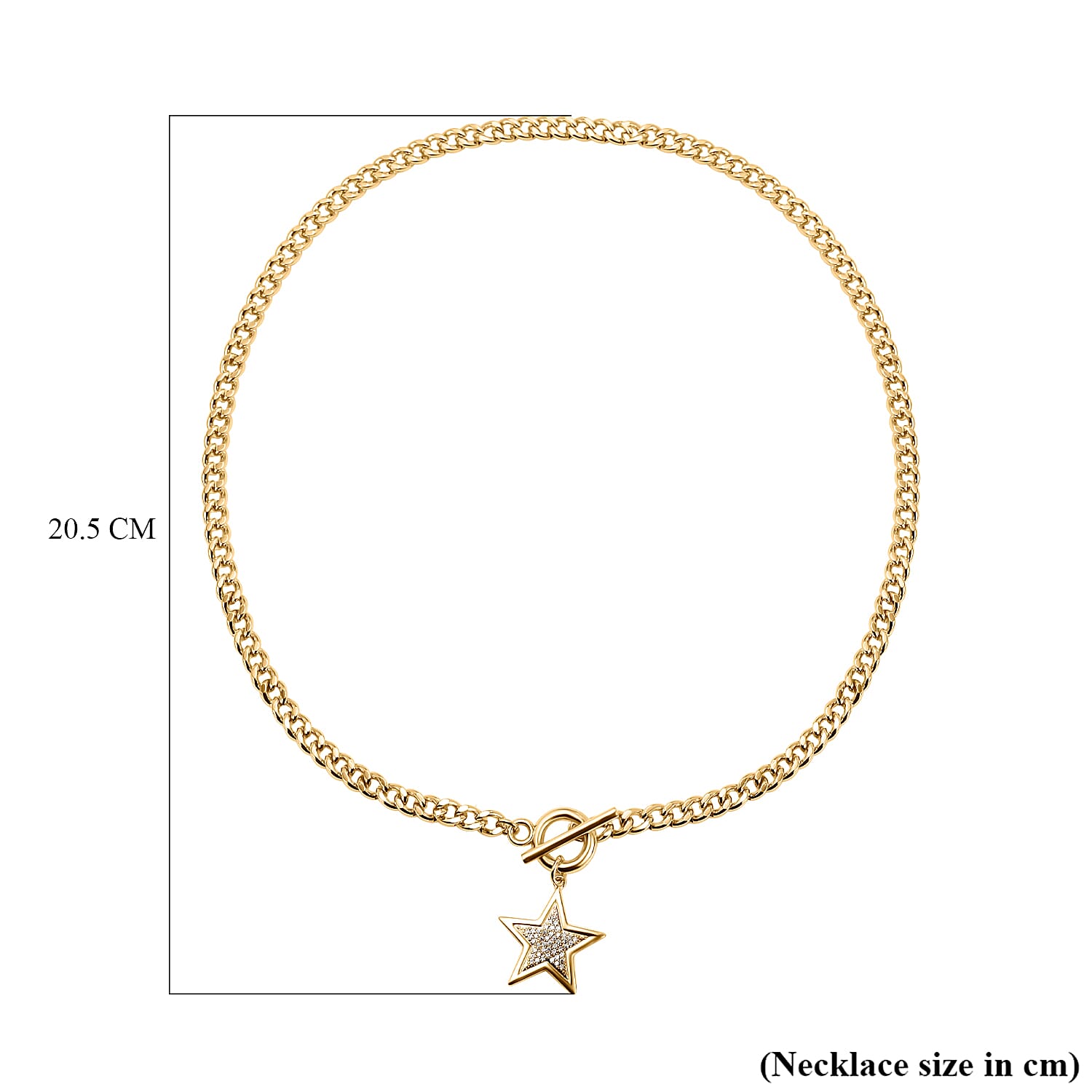 Cubic Zirconia Star Curb Link Necklace (Size - 20) with T-Bar Clasp in Yellow Gold Tone
