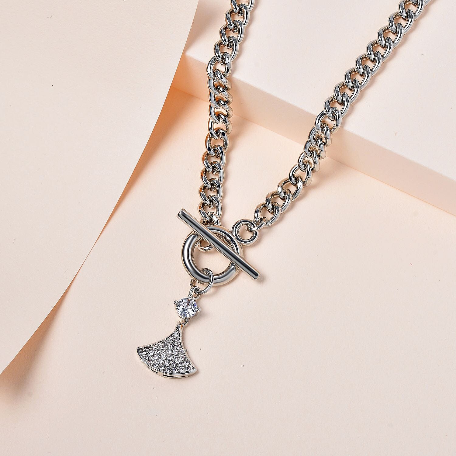 White Cubic Zirconia Triangle Necklace (Size - 20) with T - Bar Clasp in Silver Tone