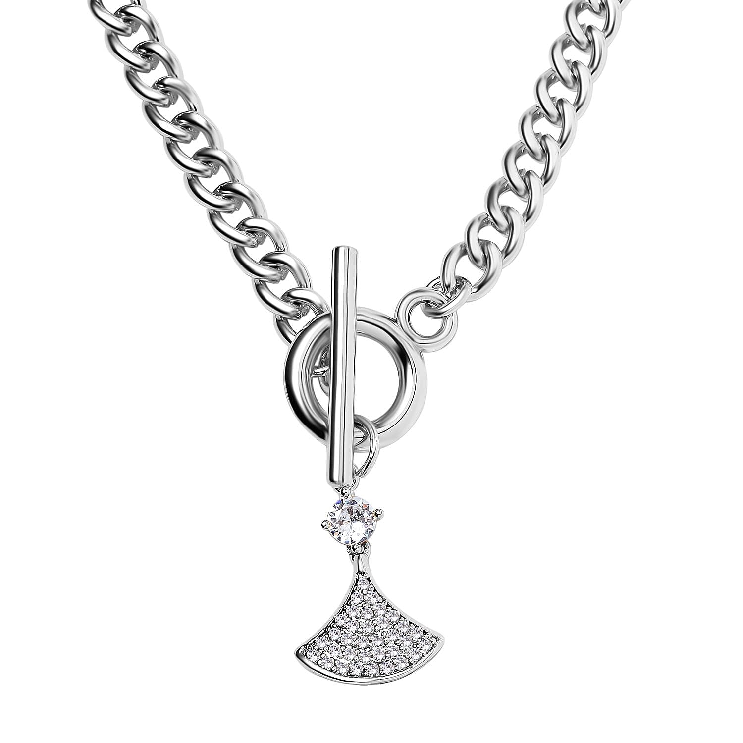 White Cubic Zirconia Triangle Necklace (Size - 20) with T - Bar Clasp in Silver Tone