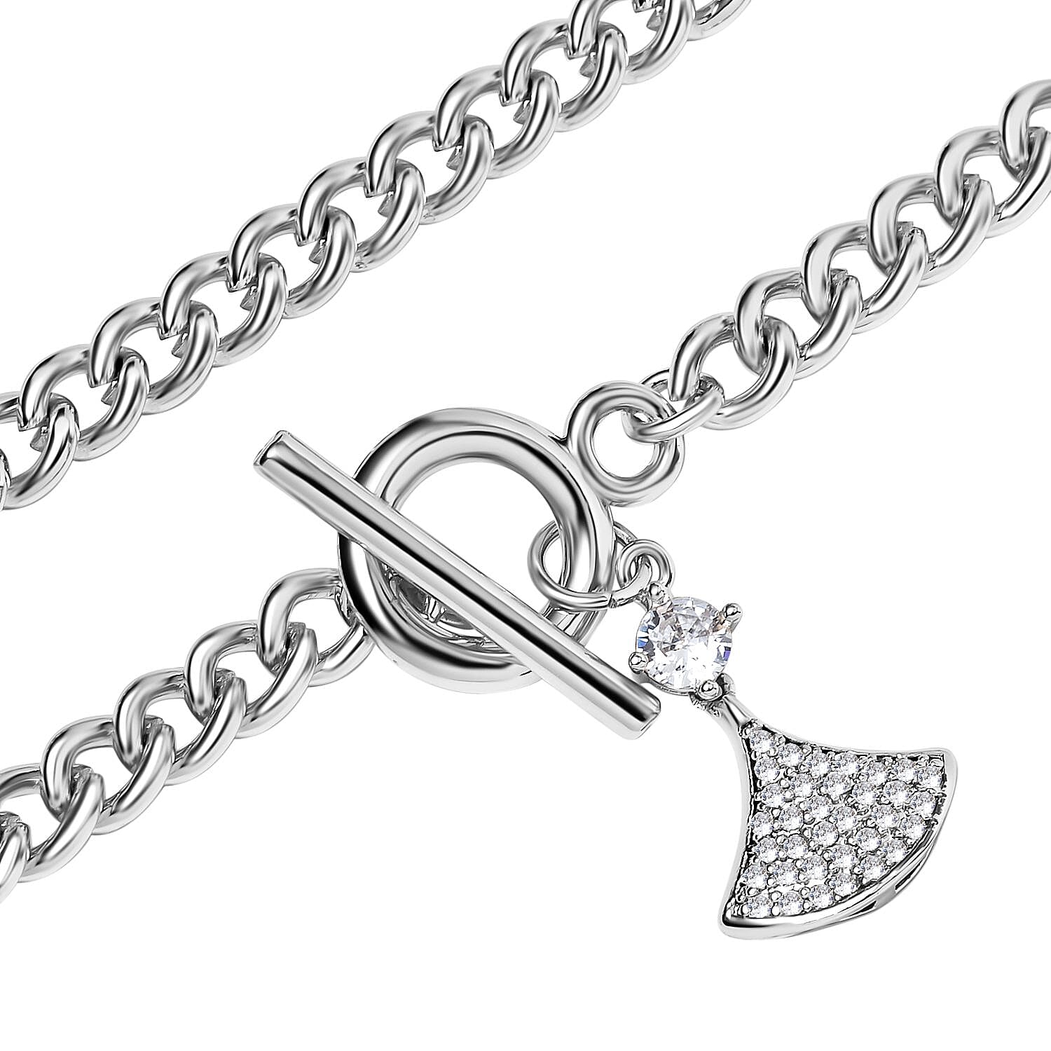 White Cubic Zirconia Triangle Necklace (Size - 20) with T - Bar Clasp in Silver Tone