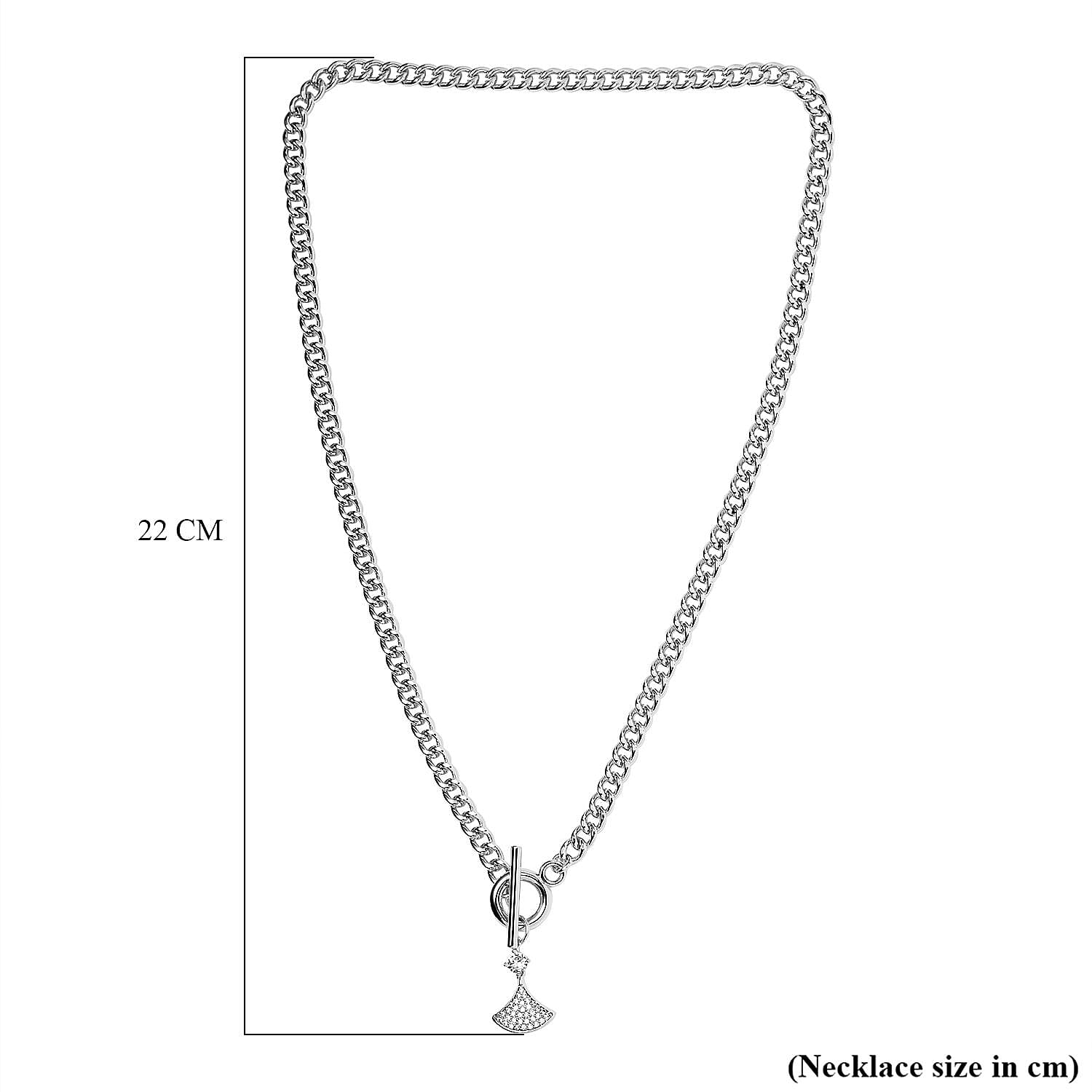 White Cubic Zirconia Triangle Necklace (Size - 20) with T - Bar Clasp in Silver Tone