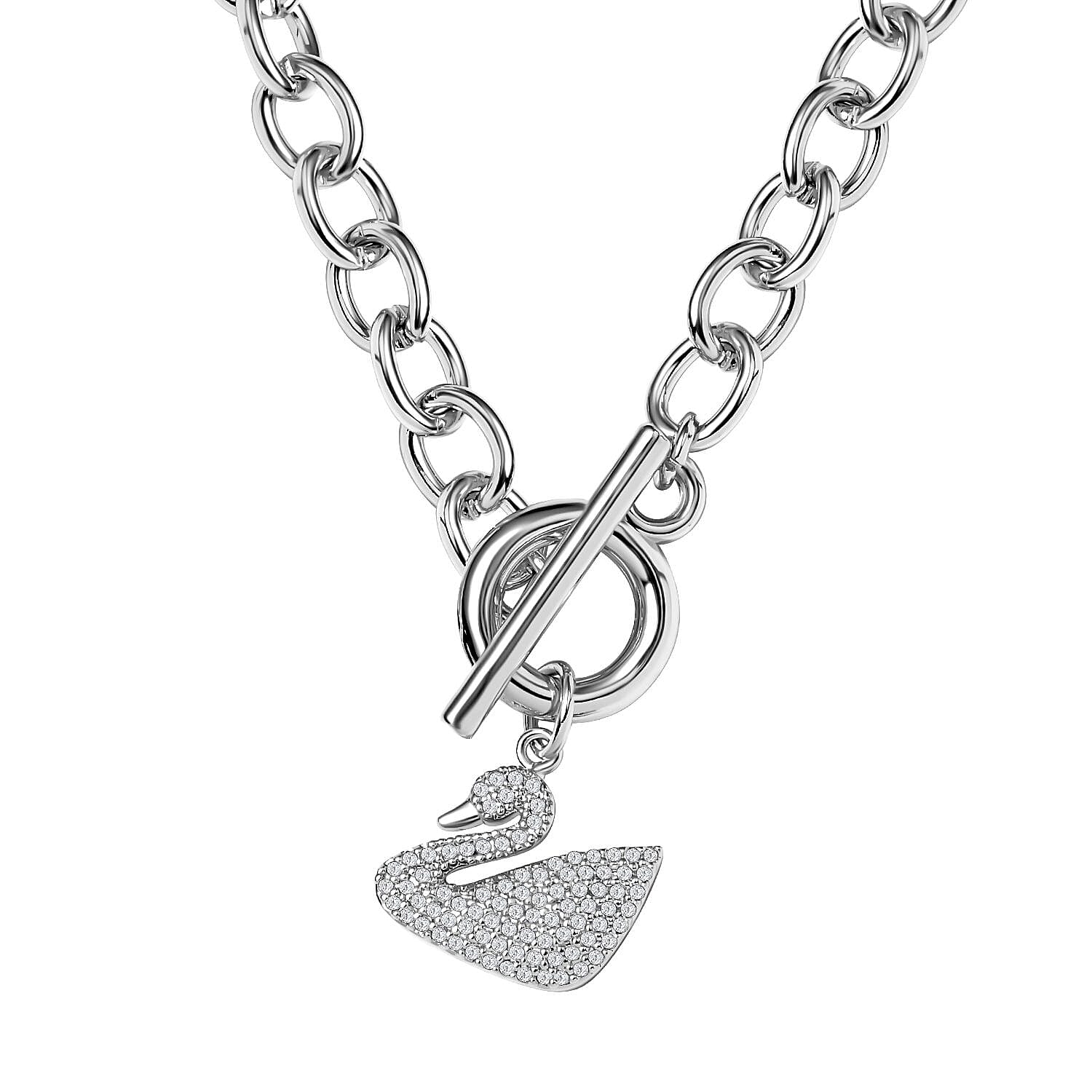 Cubic Zirconia Cable Chain Duck Necklace (Size - 20) with T-Bar Clasp in Silver Tone