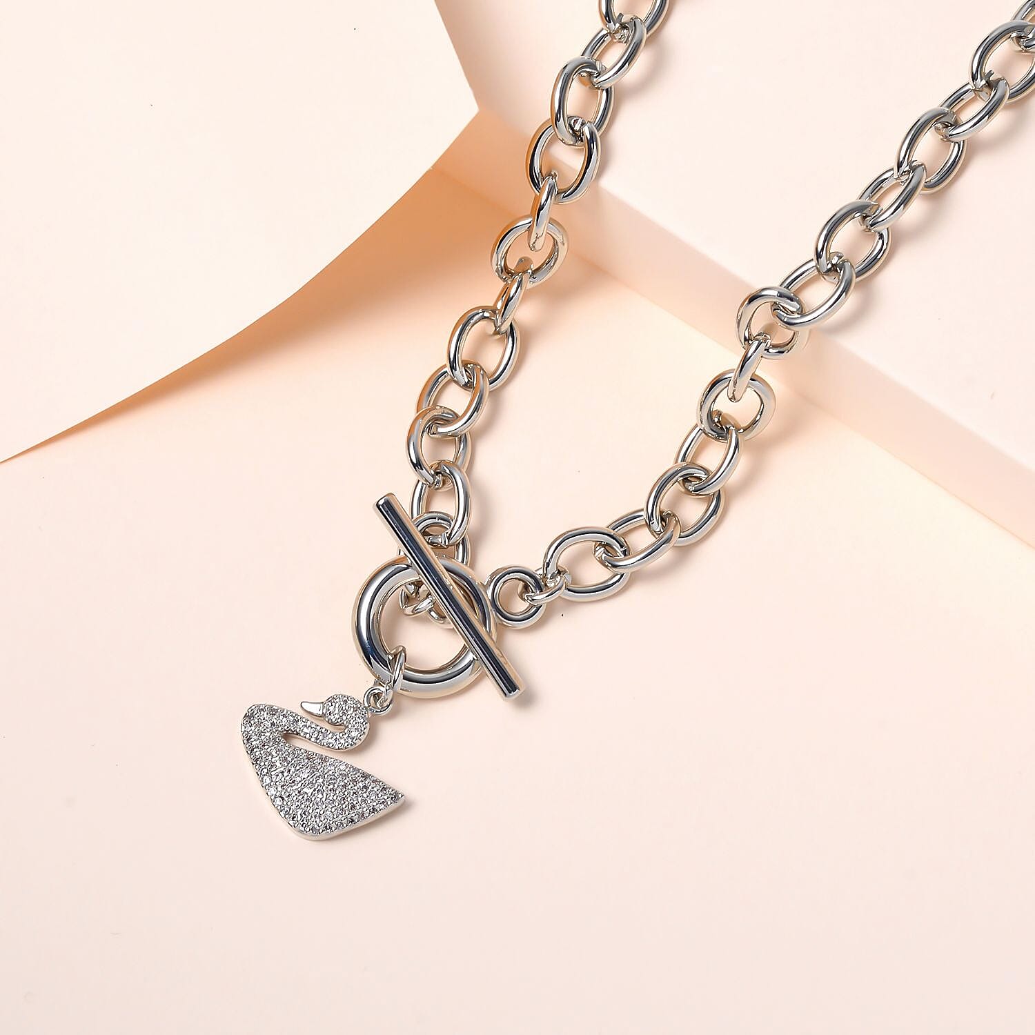 Cubic Zirconia Cable Chain Duck Necklace (Size - 20) with T-Bar Clasp in Silver Tone