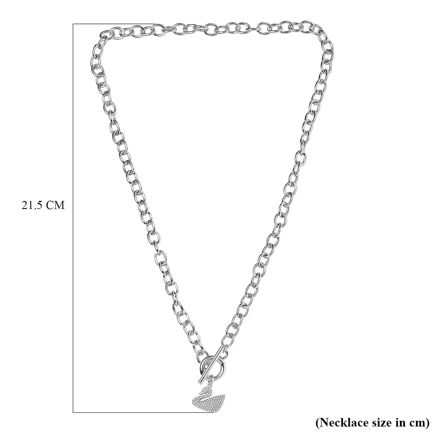 Cubic Zirconia Cable Chain Duck Necklace (Size - 20) with T-Bar Clasp in Silver Tone