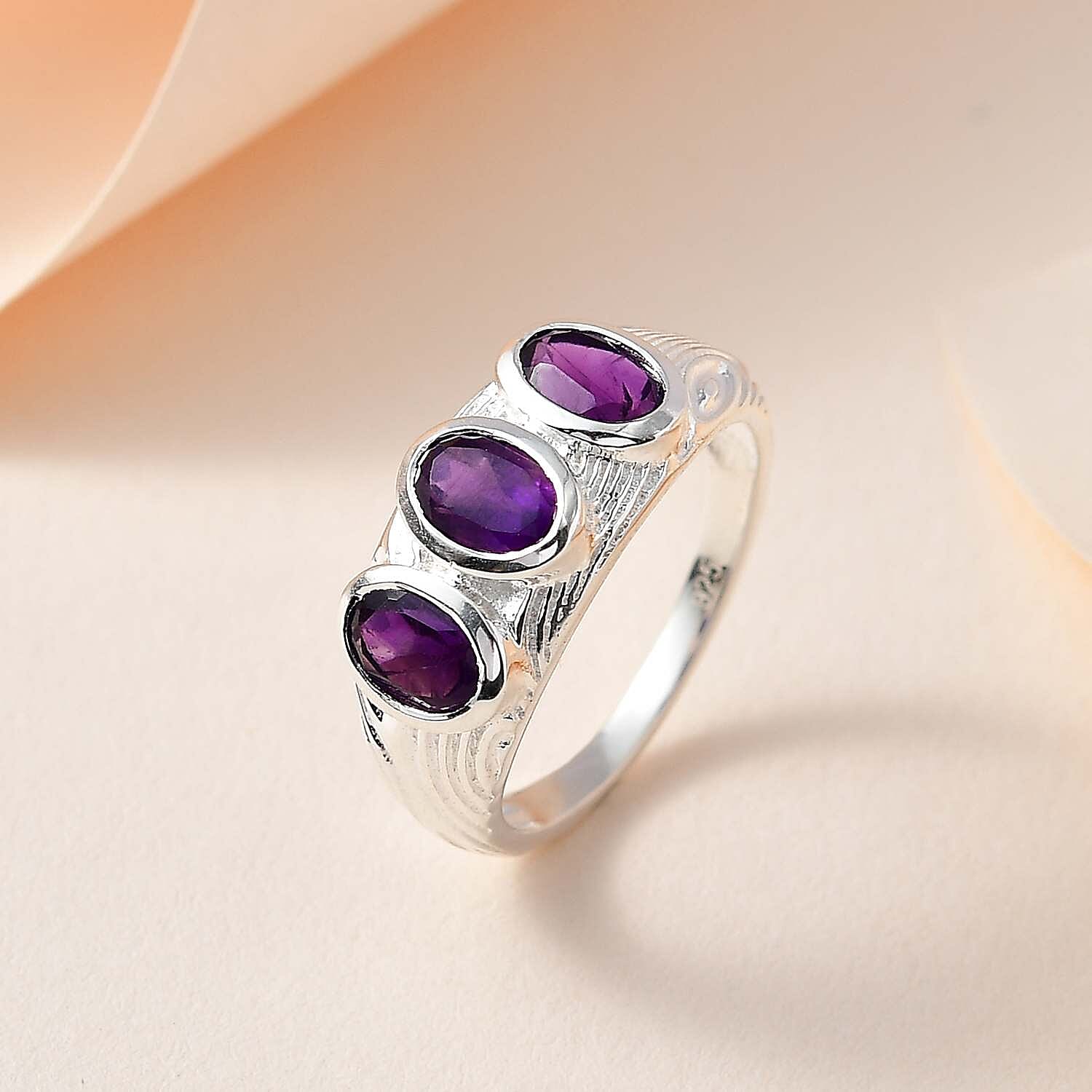 Amethyst 3 Stone Ring in Sterling Silver 1.26 Ct