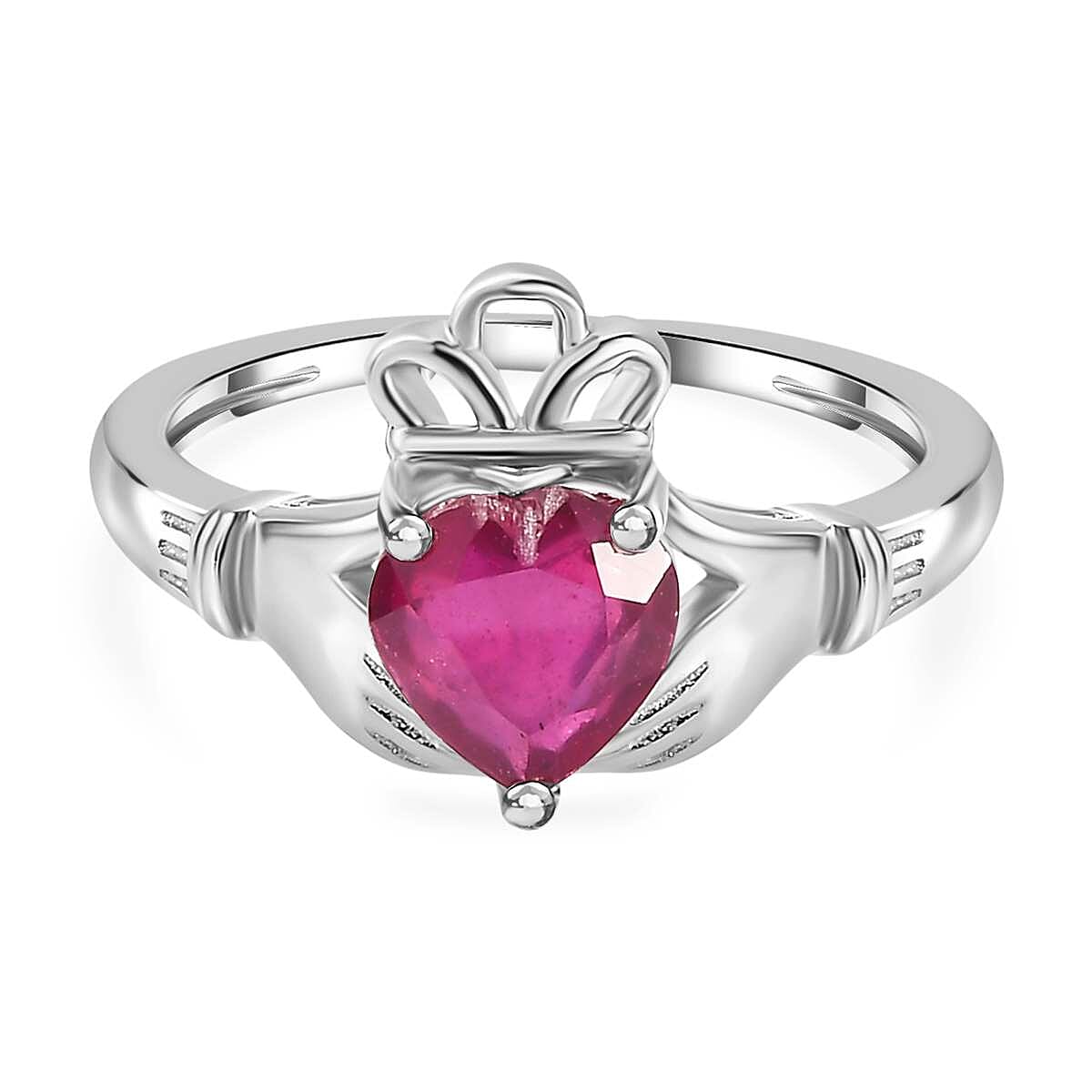 Biggest Valentines Ruby Deal - African Ruby Solitaire Heart Crown Ring in Platinum Overlay Sterling Silver 1.37 Ct.