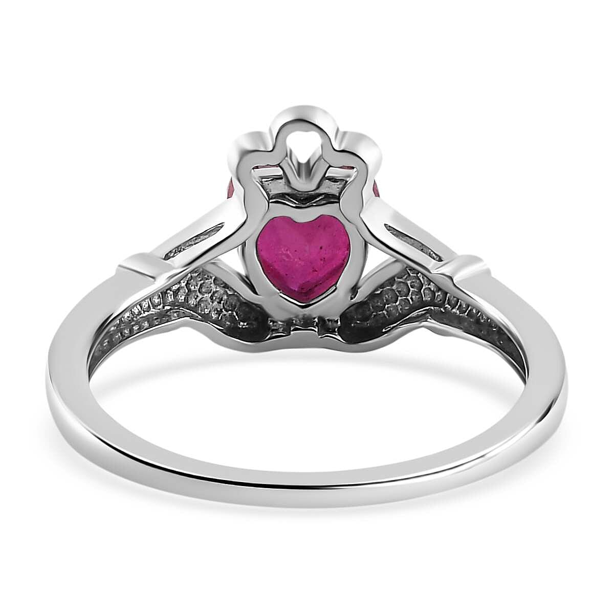 Biggest Valentines Ruby Deal - African Ruby Solitaire Heart Crown Ring in Platinum Overlay Sterling Silver 1.37 Ct.