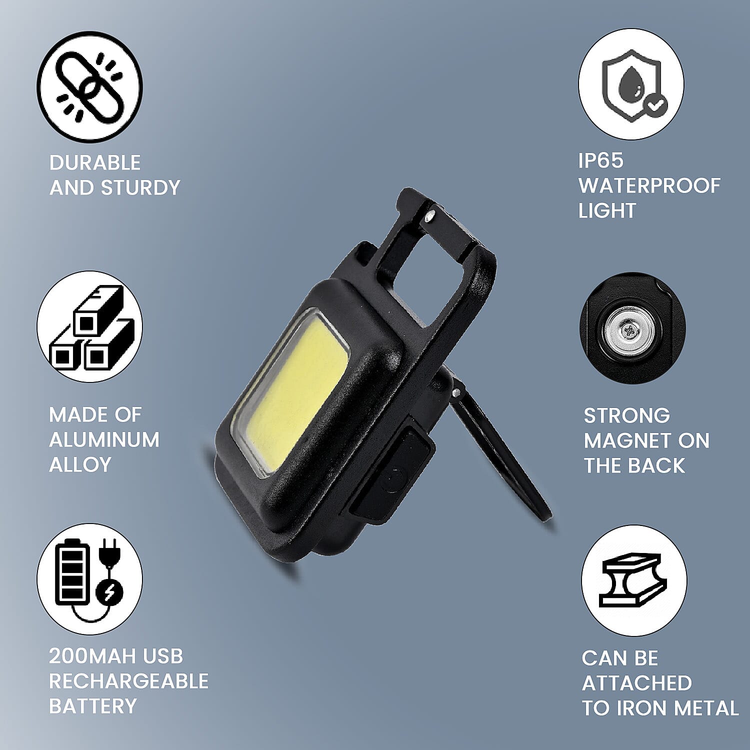 Rechargeable Keychain COB LED Flashlight with Carabiner - Black