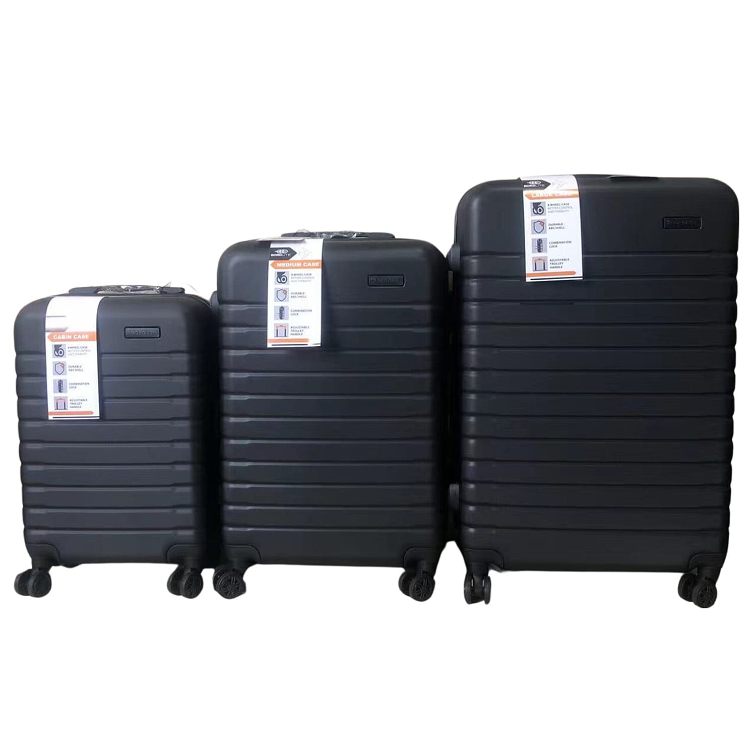 Bordlite Set of 3 - Durable Hard Shell 4 Wheel Suitcases with Soft Grip Handles - Black