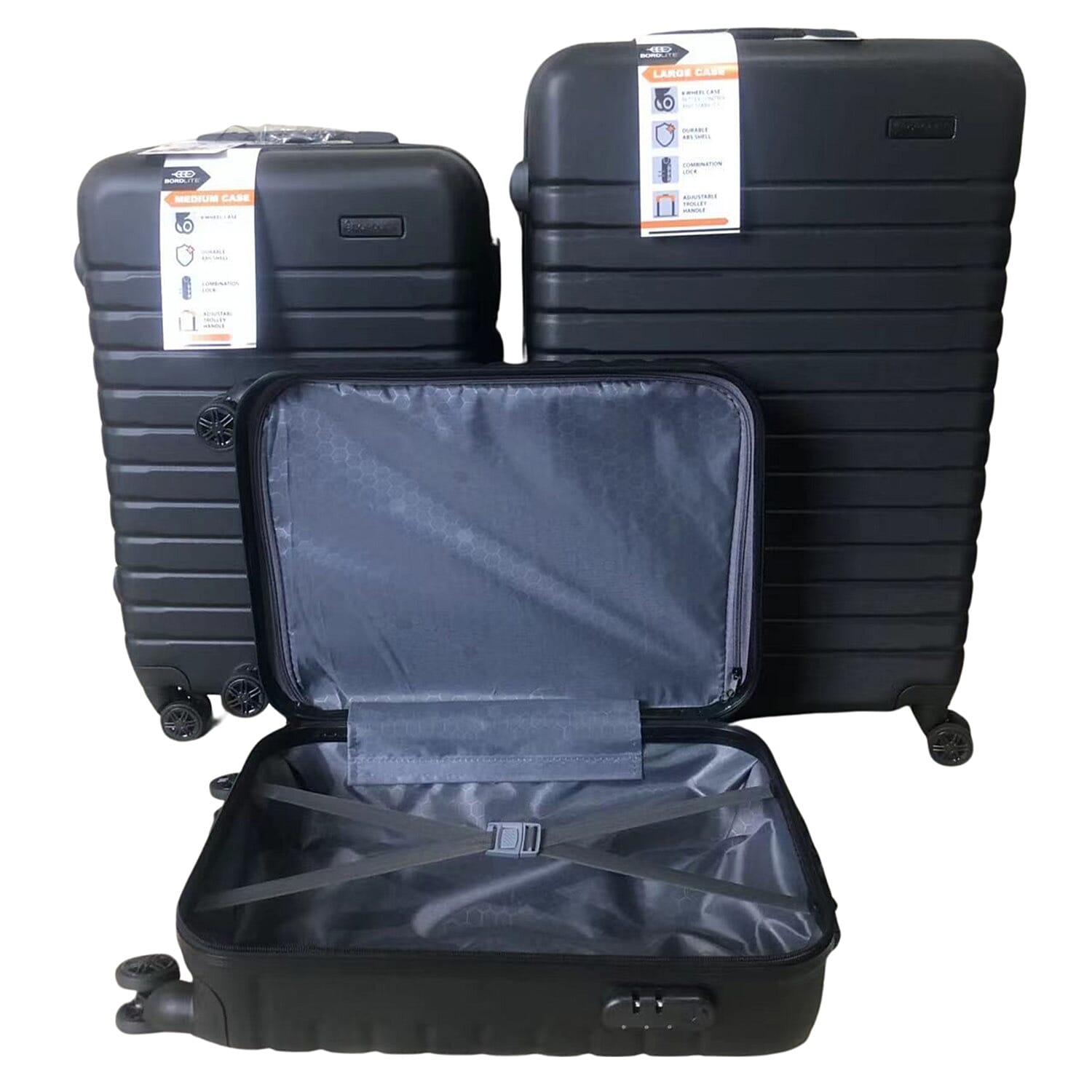 Bordlite Set of 3 - Durable Hard Shell 4 Wheel Suitcases with Soft Grip Handles - Black