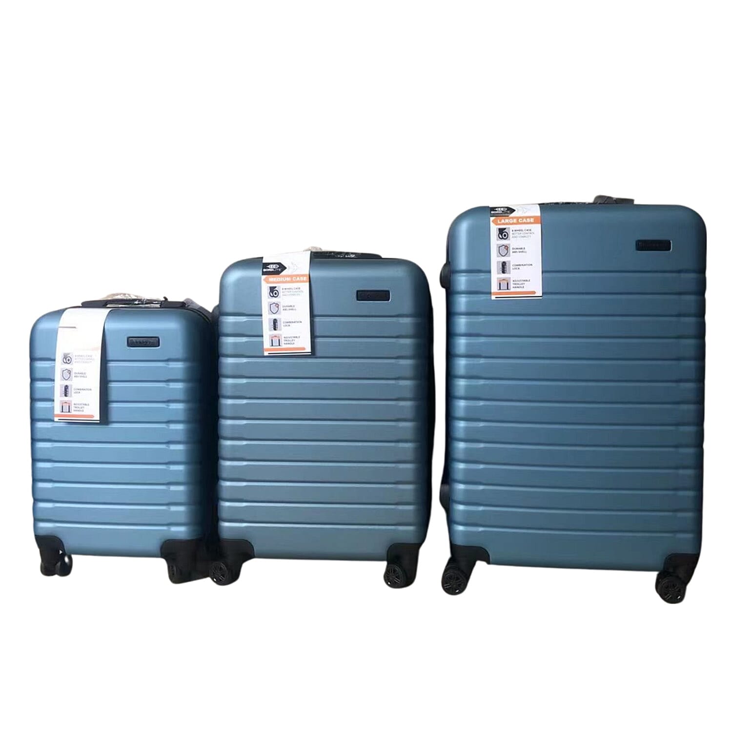 Bordlite Set of 3 - Durable Hard Shell 4 Wheel Suitcases with Soft Grip Handles - Blue