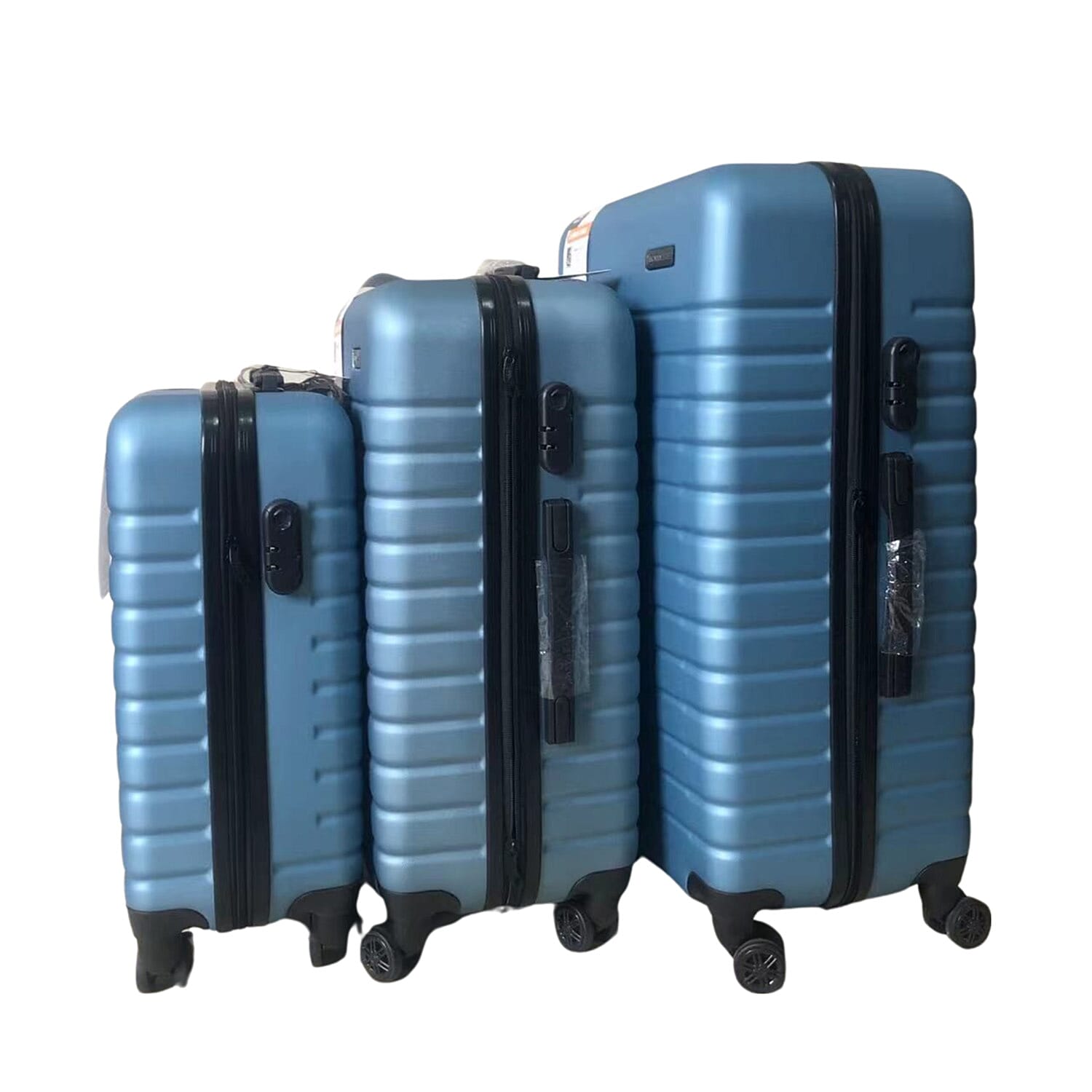 Bordlite Set of 3 - Durable Hard Shell 4 Wheel Suitcases with Soft Grip Handles - Blue