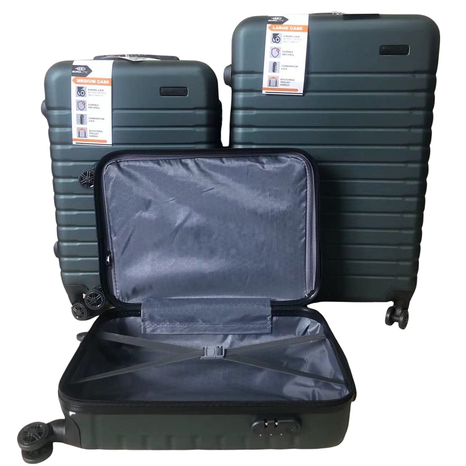 Closeout Bordlite Set of 3 - Durable Hard Shell 4 Wheel Suitcases with and Soft Grip Handles - Green