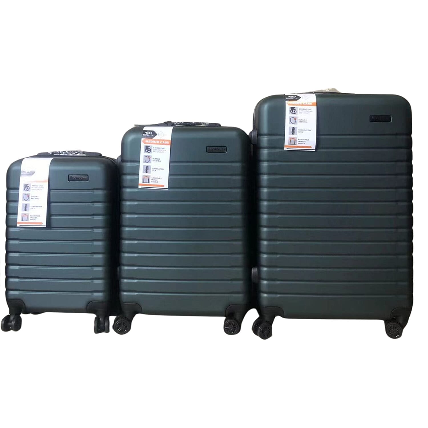 Closeout Bordlite Set of 3 - Durable Hard Shell 4 Wheel Suitcases with and Soft Grip Handles - Green