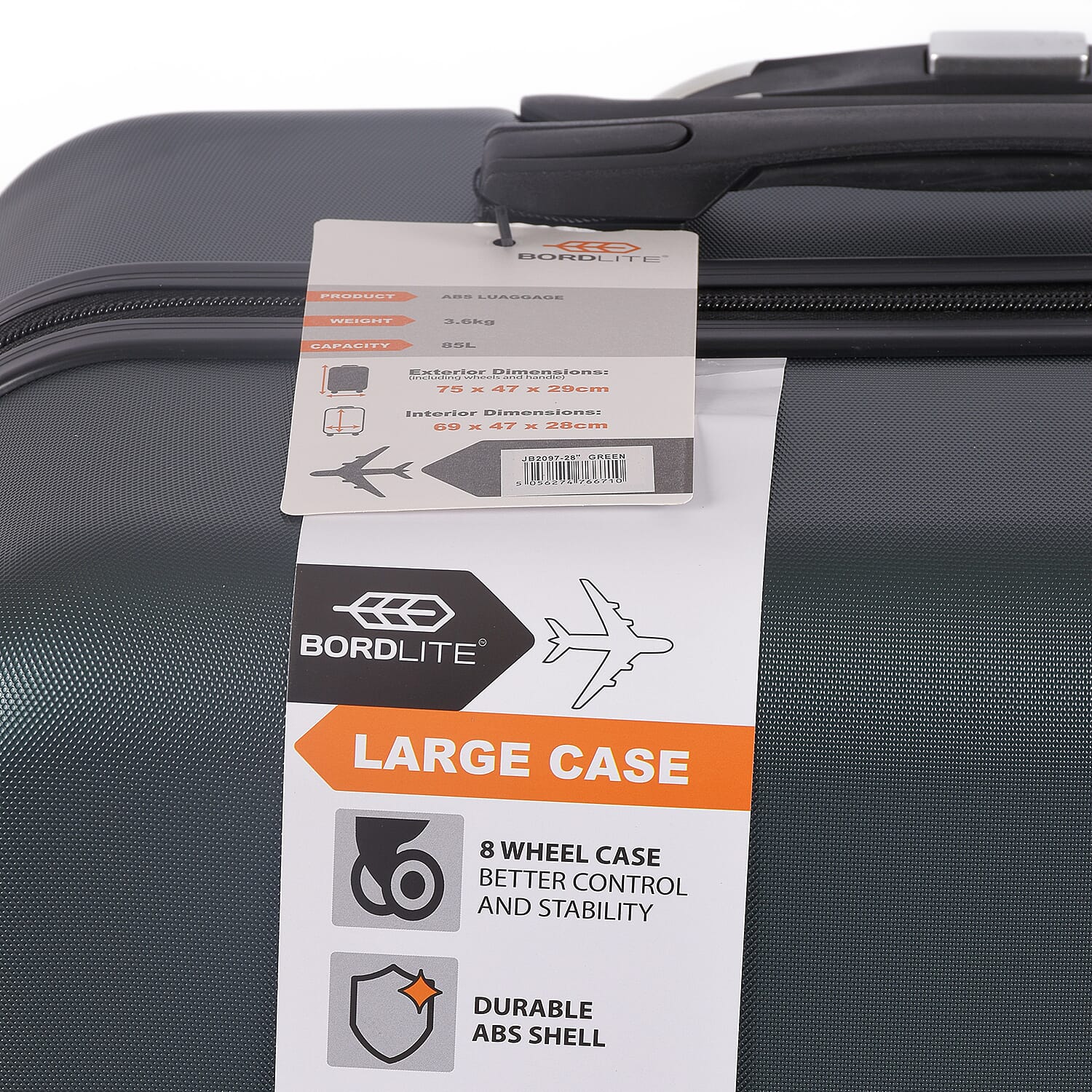 Closeout Bordlite Set of 3 - Durable Hard Shell 4 Wheel Suitcases with and Soft Grip Handles - Green