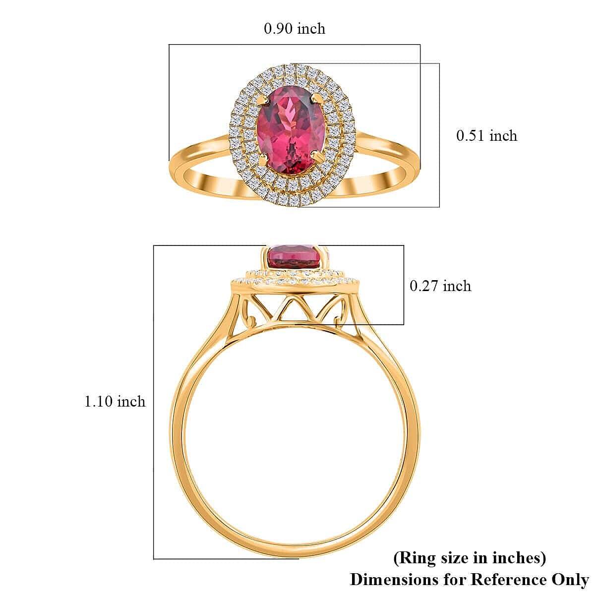 18K Yellow Gold  AAA   Rubellite ,  White Diamond  SI Ring 1.70 ct,  Gold Wt. 3.61 Gms  1.700  Ct.