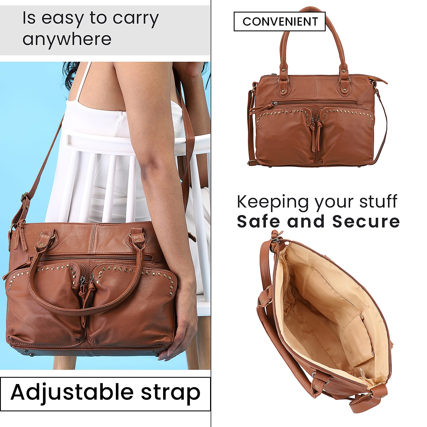 RFID Protected 100% Genuine Leather Shoulder Bag With Handle Drop - Tan