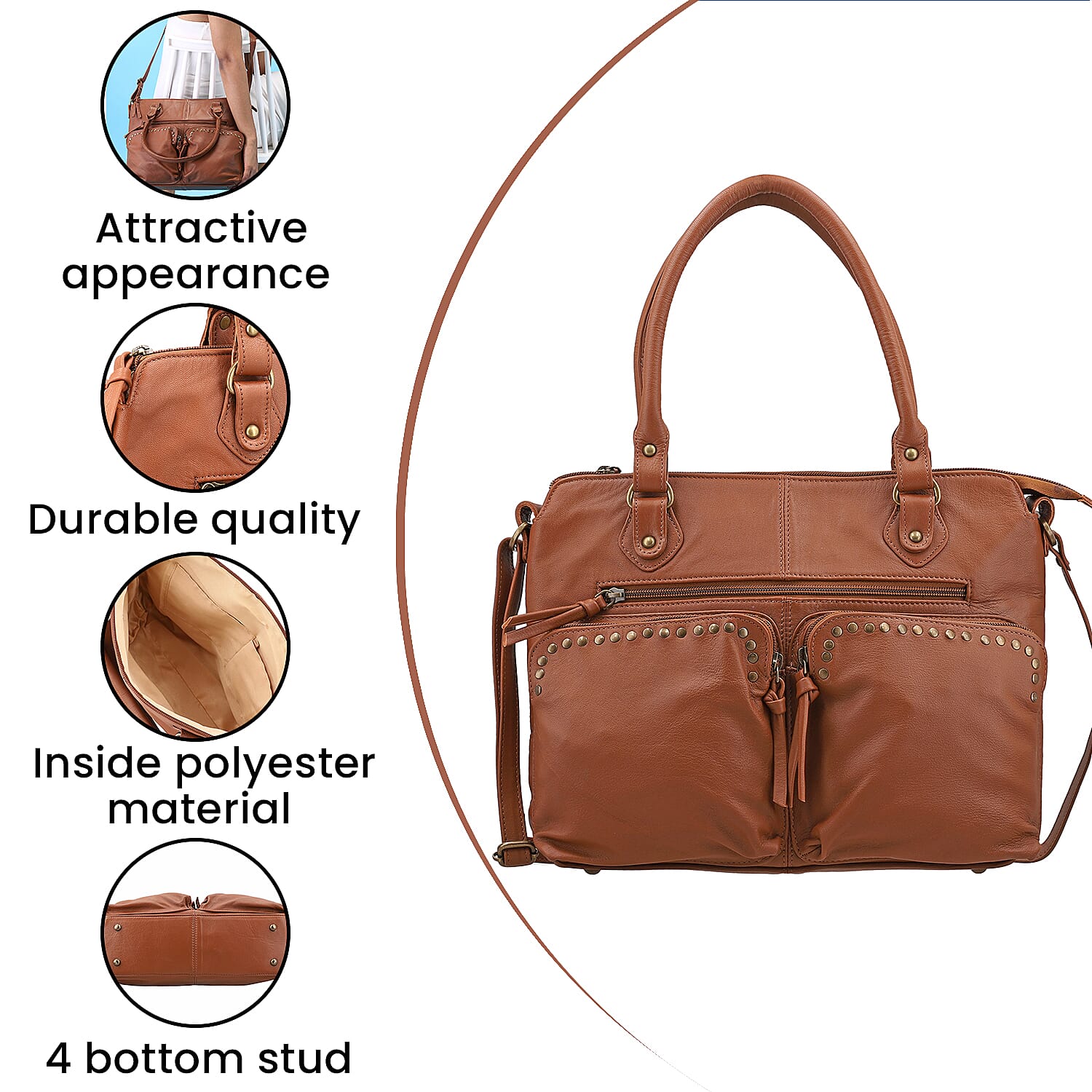 RFID Protected 100% Genuine Leather Shoulder Bag With Handle Drop - Tan