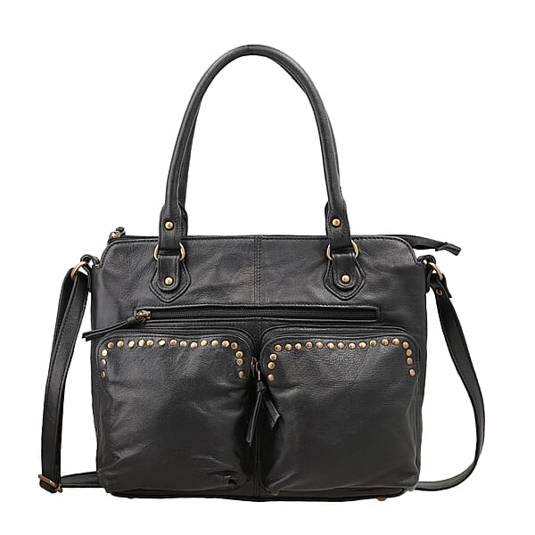 RFID Protected 100% Genuine Leather Shoulder Bag With Handle Drop - Black -  7607515 - TJC
