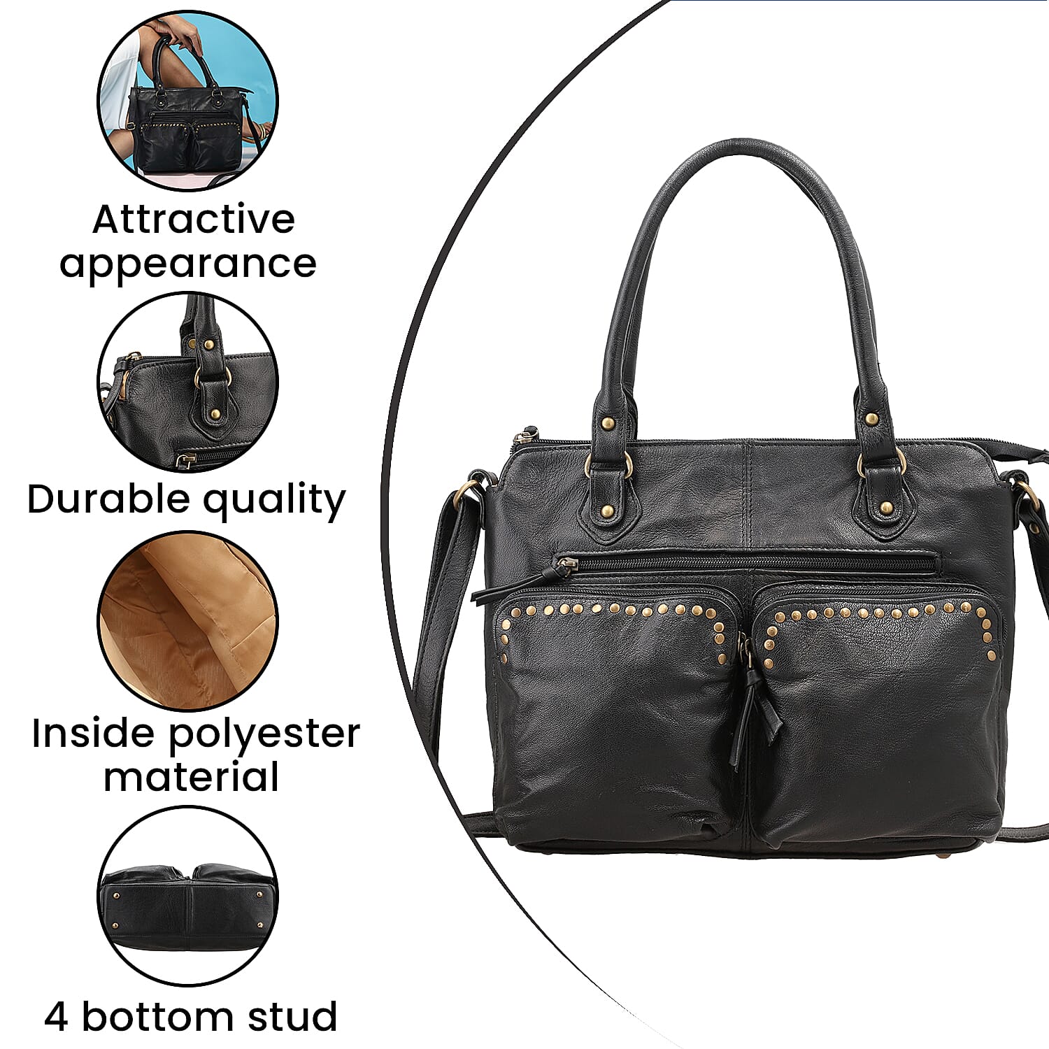 RFID Protected 100% Genuine Leather Shoulder Bag With Handle Drop - Black